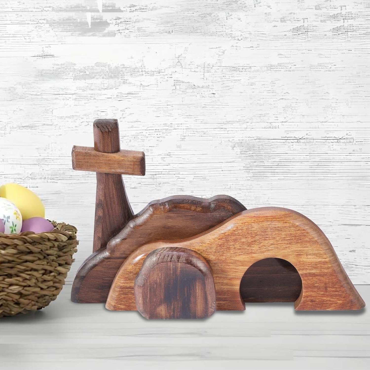 EIJ - Easter Decoration Set, Including Empty Tomb and Cross, Wooden Easter Scene Display, Jesus Tomb Tray, and Nativity Scene Decorative Gift.