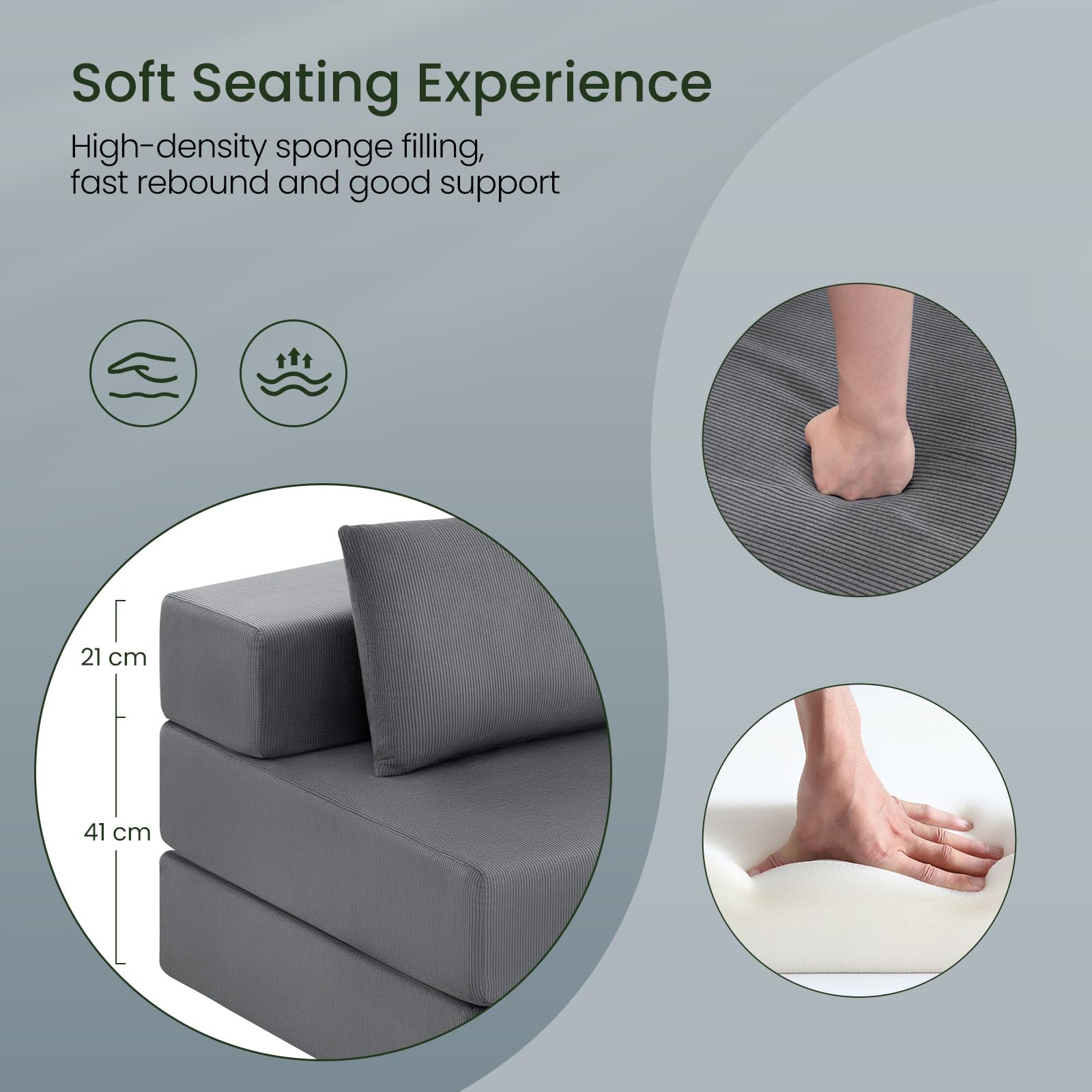 EUGAD Canapé Convertible 2 Places, Canapé Lit, Chauffeuse, Gris Foncé | Design Pliable, avec 2 Coussins, en Velours Côtelé, Mousse, pour Salon, Bureau, Appartement, 86P x 140l x 62H cm
