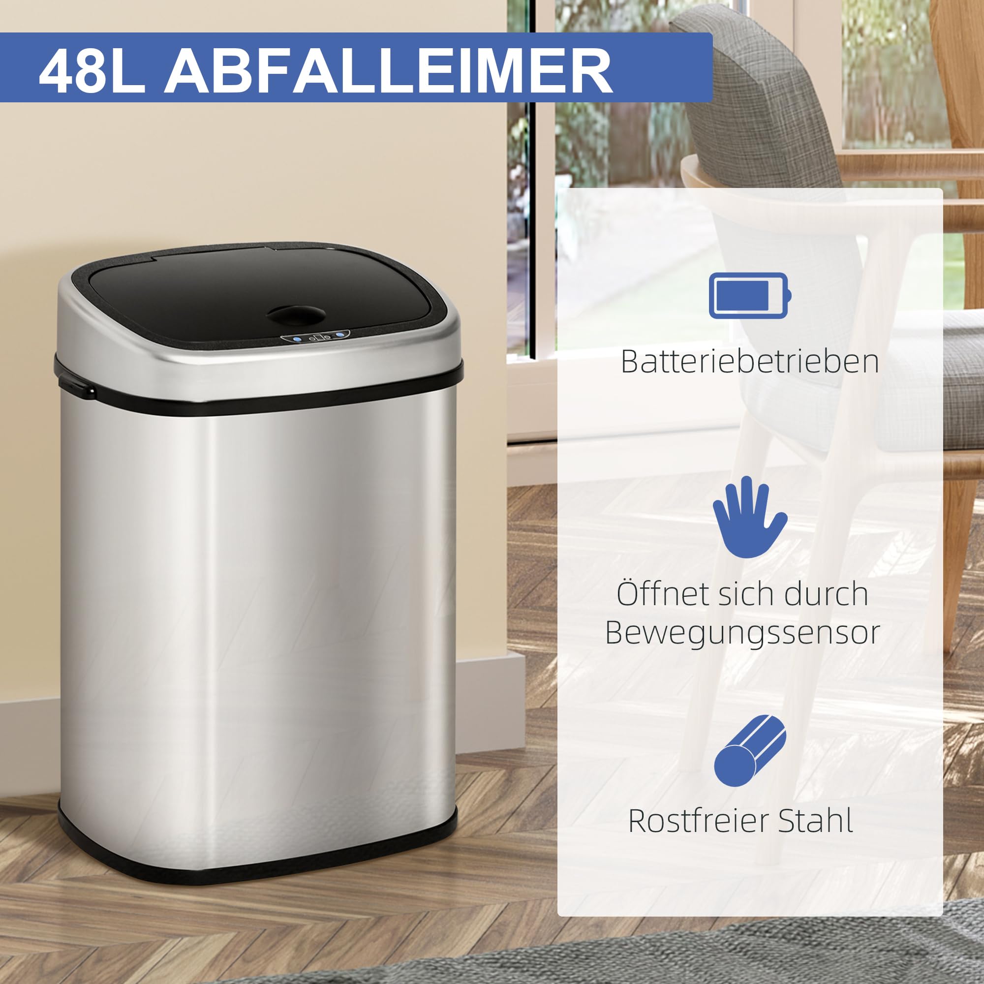 HOMCOM Mülleimer mit Sensor 48L Automatik Abfalleimer Edelstahl Silber | Bewegungssensor, Wasserdicht, Küche, Büro, Schlafzimmer