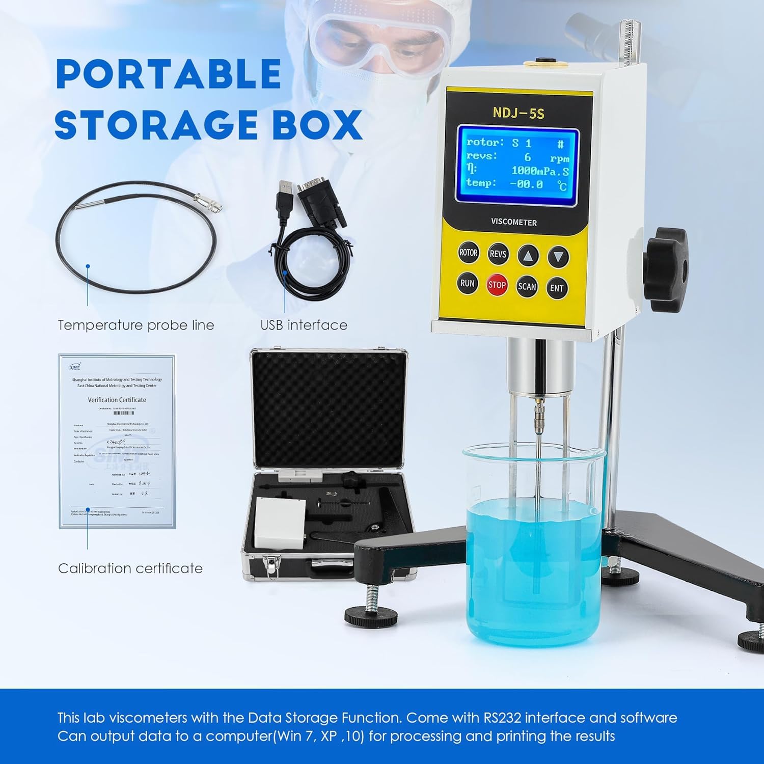 CGOLDENWALL Viscómetro giratorio digital Viscómetro Rotacional Viscosidad Medidor Fluidímetro Medidor Newton Viscómetro Líquido Pantalla LCD con 4 rotores (NDJ-5S: Rango de medición 1-100.000 mpa.s)