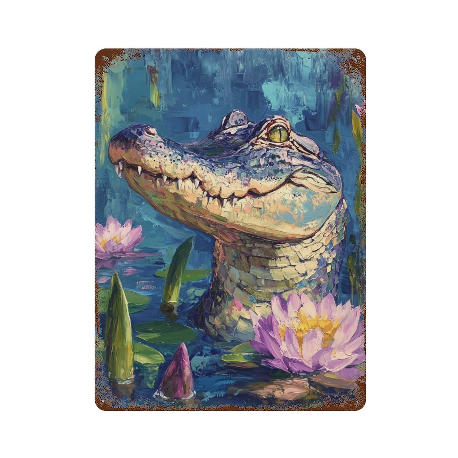 Vintage Rust Metal Sign with Alligator in Lotus Pond Design 15.7"x11.8", for Shed, Workshop And Garage Wall Decor, Retro Wall Decor