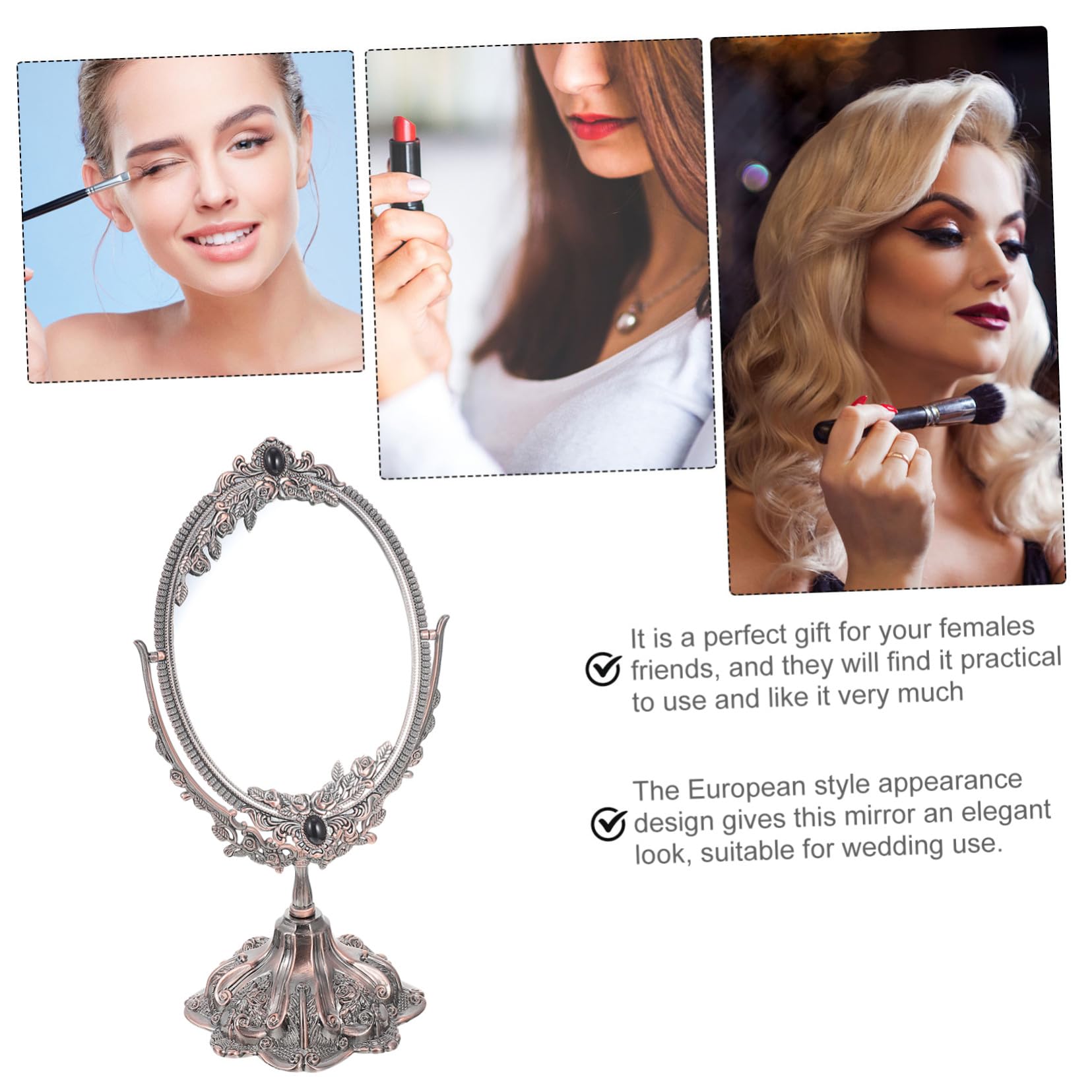 PLAFOPE Doppelseitiger Vintage Schminkspiegel aus Zinklegierung | Rotierbar mit Flachem Standfuß, Hochauflösende Ansicht, für Make Up und Hochzeit