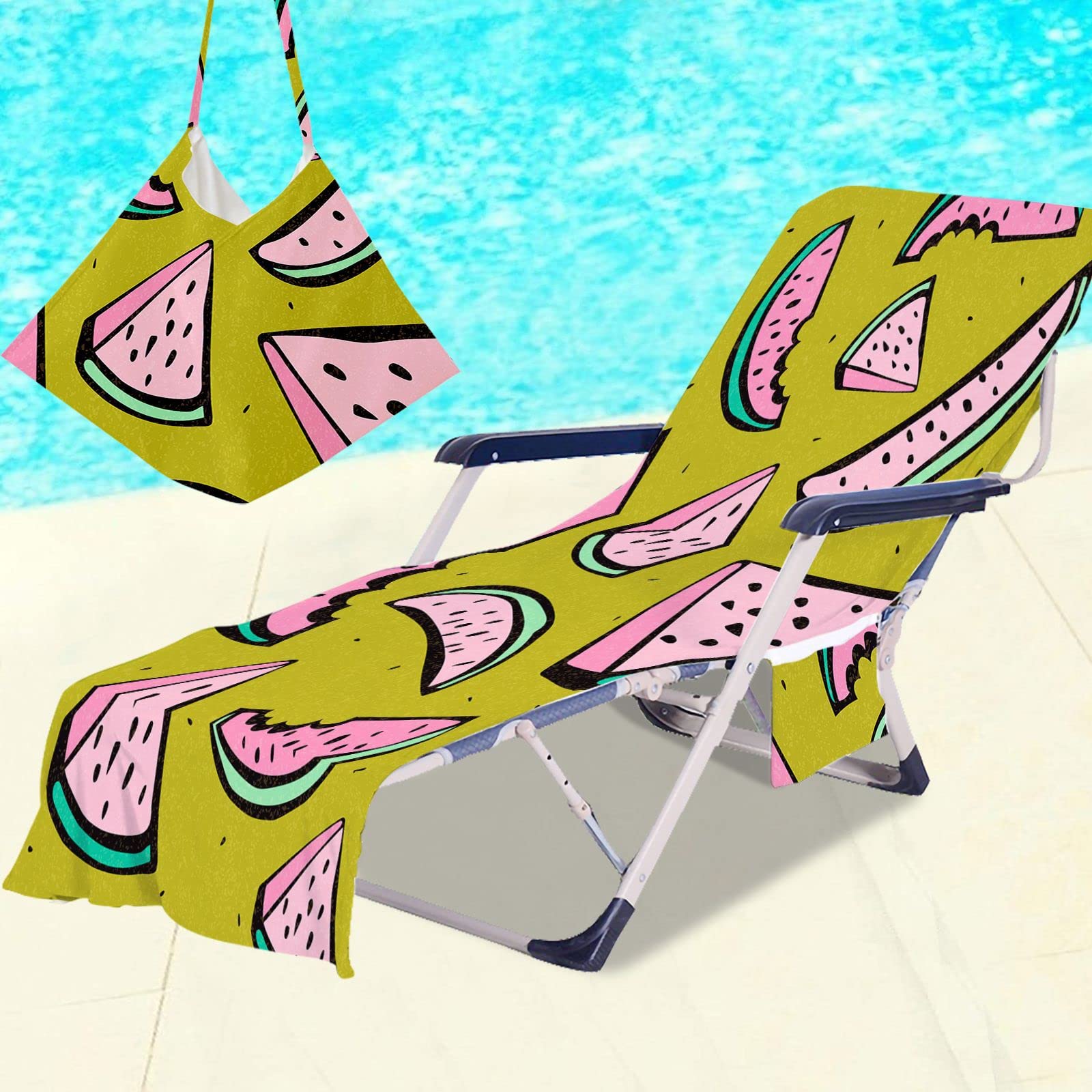 Surwin Sun Lounger Beach Towel with Pockets, Tropical Fruit Print 3D Summer Beach Chair Cover Chaise Lounge Towel Cover Mate Sunbed Towels For Holiday Garden Outdoor Pool (75x210cm,Watermelon)