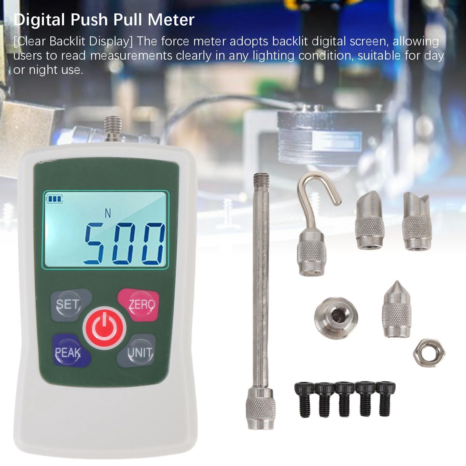 gauges de Force Numérique, Push Pull Meter 100N / 10kg Capacité, Testeur de Force de Haute Précision avec écran LCD rétro-éclairé, Conversion de 4 Unités, Alarme de Limite