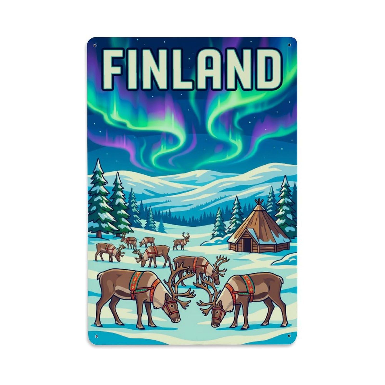 Olhnbad Style Lapland Aurora Reindeer Arctic Winter Travel Metal Tin Sign