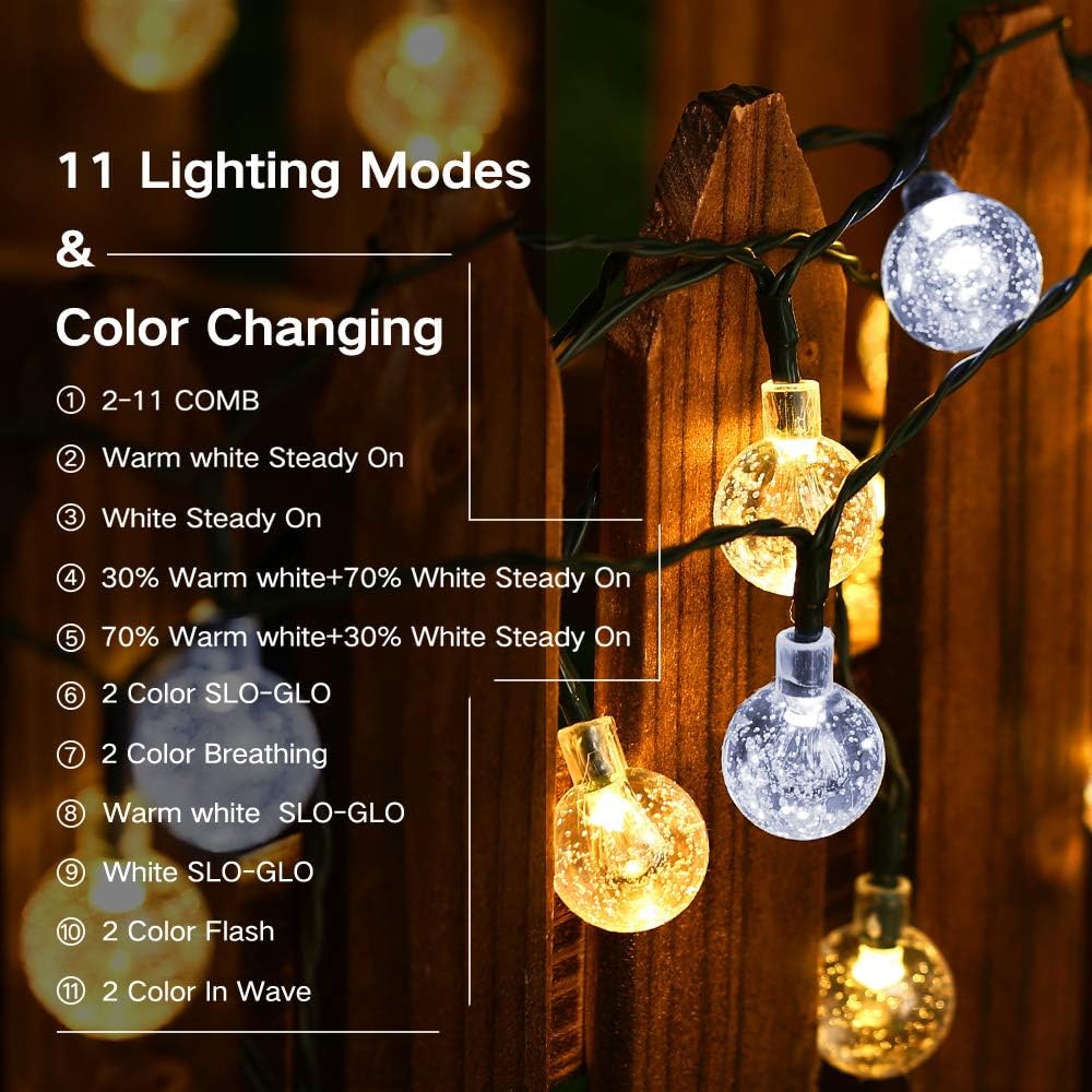 Joomer Color Changing Solar String Lights 39Ft 60 LED Solar String Lights,11 Modes Waterproof Crystal Ball Lights Solar Powered Patio Lights for Outdoors Decoration (White to Warm White)