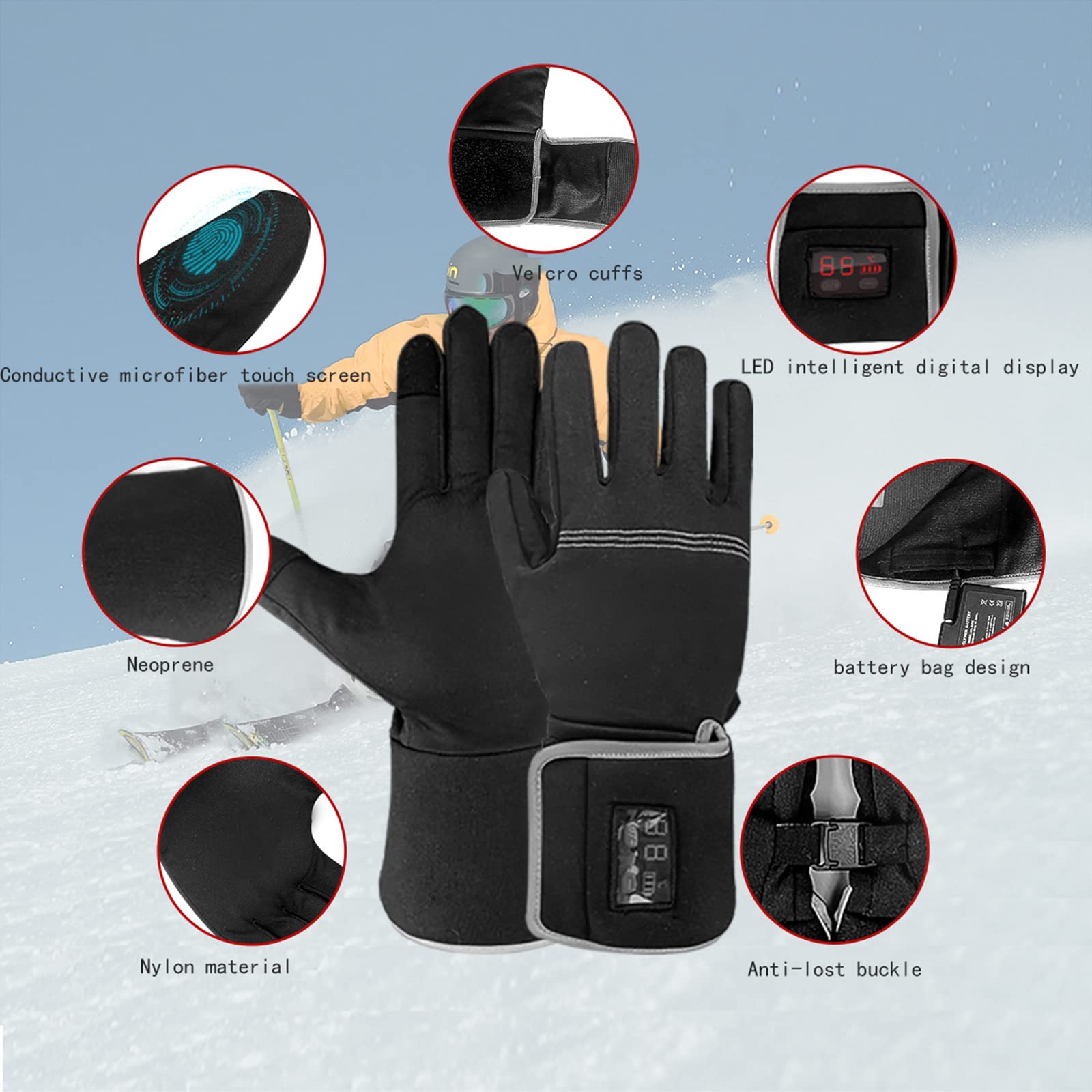 CHEWYNP Guanti da Moto Riscaldati, Guanti Riscaldati Elettrici Guanti da Campeggio Scaldamani con Batteria Ricaricabile Guanti Impermeabili per Esterni Guanti Termici con Touch Screen Fing