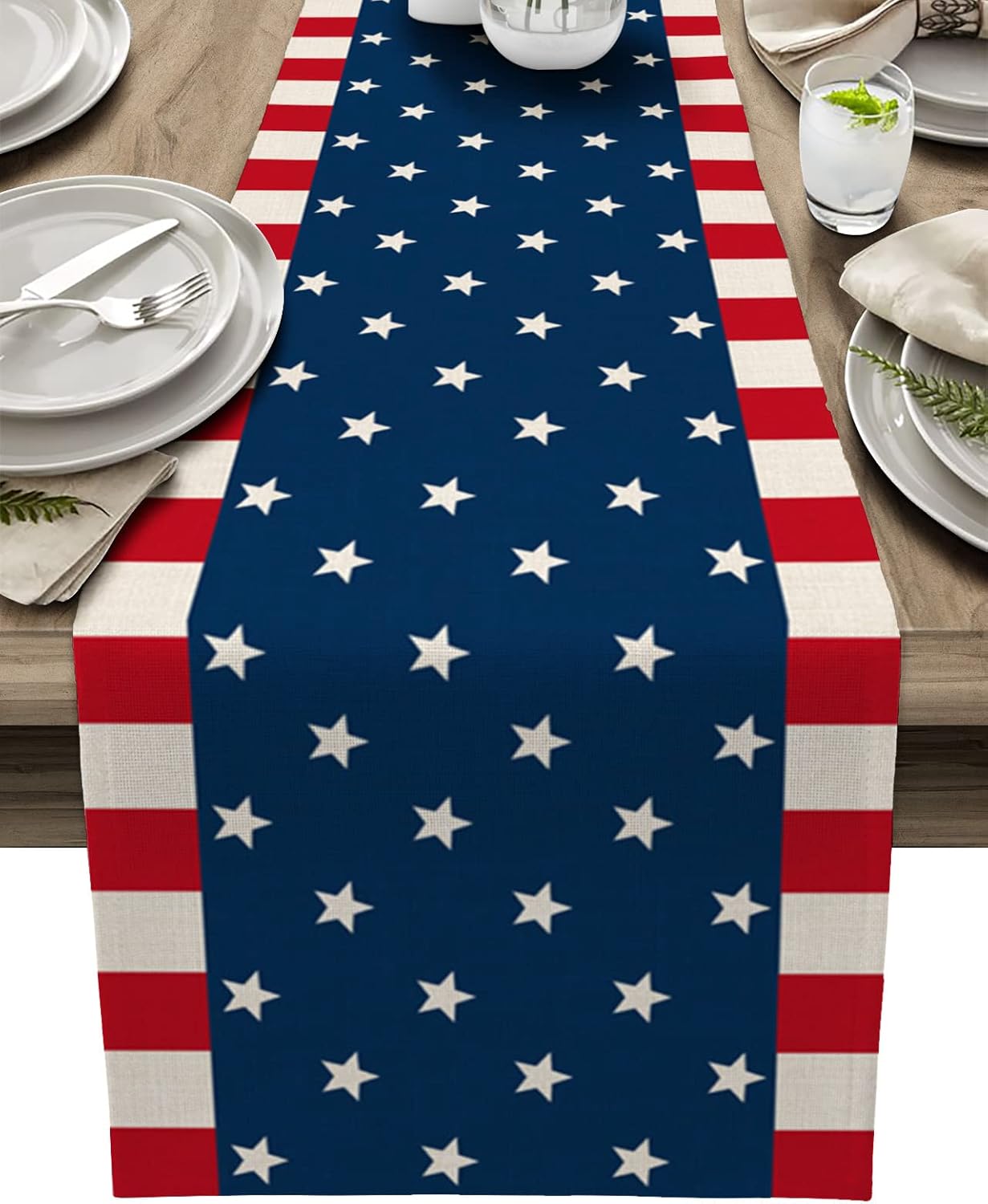 Independence Day Table Runner, Decorative Tabletop Cover 13x120 inch Cotton Linen Table Runners for Everyday Dining Wedding Party Holiday Home Decor, Red Stripes Blue Stars American Flag