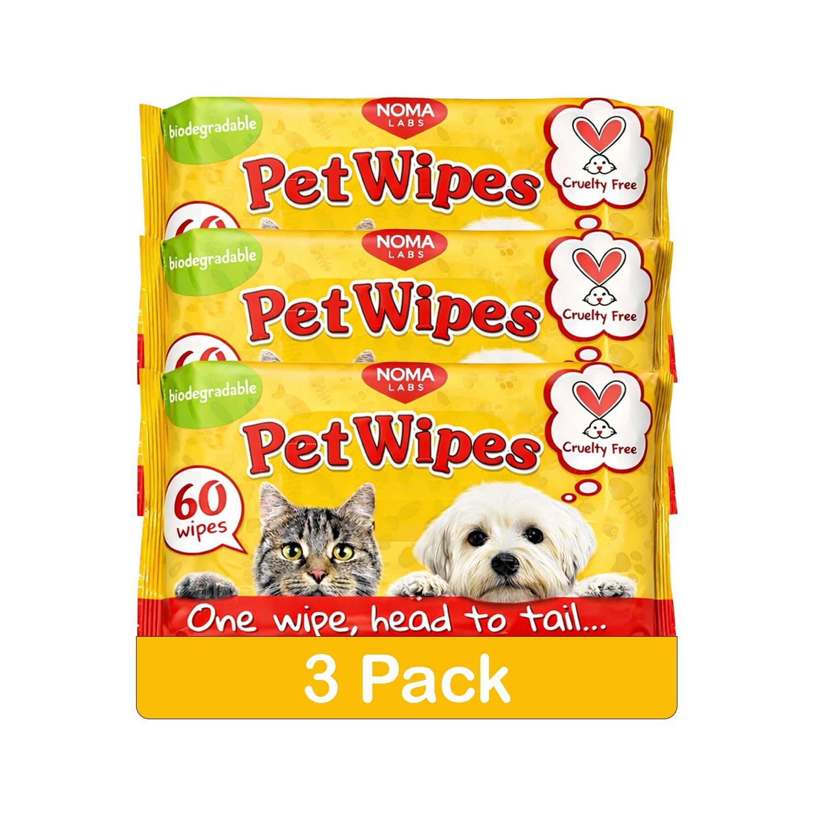NOMA Labs Pet Wipes, 3 Pack, 60 Wipes Each, Biodegradable, Cruelty Free, Head to Tail Cleaning Wipes