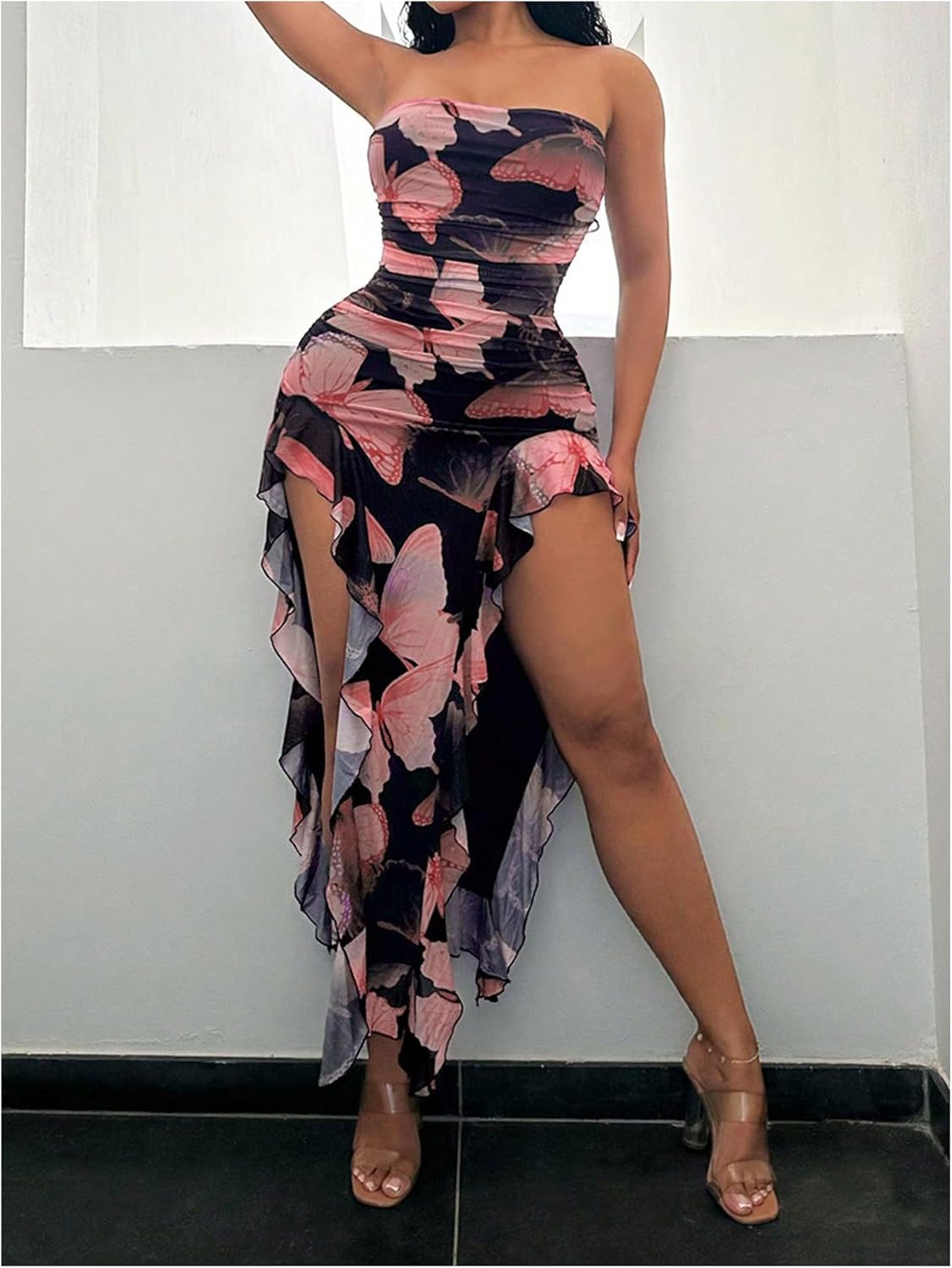 WDIRARA Women's Butterfly Print Asymmetrical Bodycon Maxi Dress Split Ruffle Trim Strapless Tube Dresses - Image 4