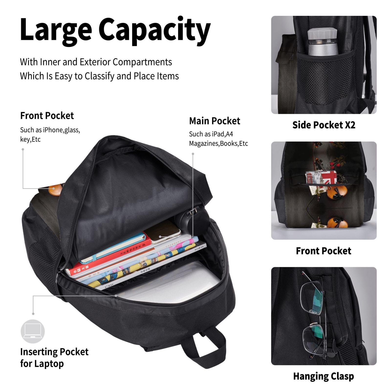 Juego de 3 mochilas escolares con estampado de partituras de violín, mochila para laptop resistente al agua de gran capacidad con bolsa de almuerzo aislada y estuche para lápices para