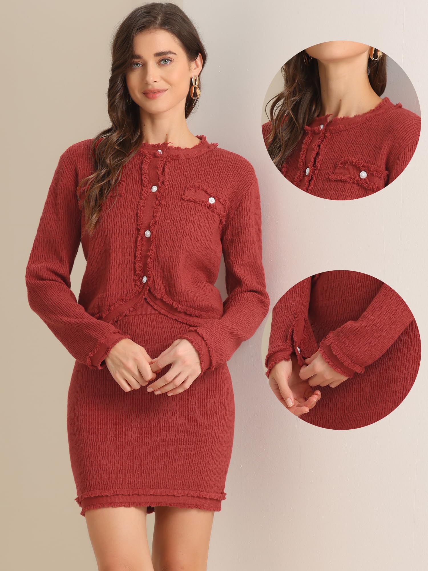 Allegra K Femme Ensemble Pull Jupe Manches Longues Veste Courte | Col Rond Manches Longues Fermeture Boutonnée Veste Courte Ourlet Brut Jupe Courte Taille Haute Ceinture Élastique Rouge L