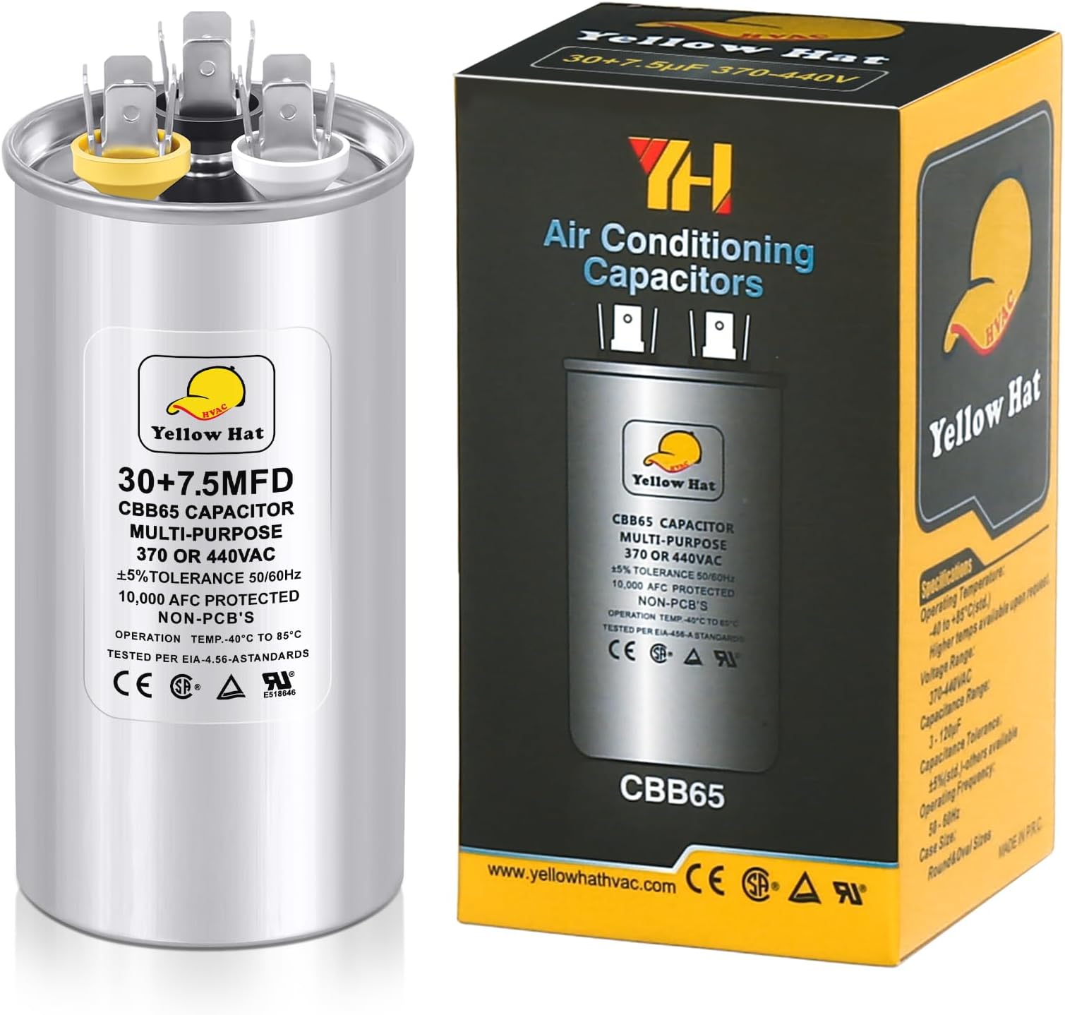 Capacitor for Air Conditioner 30+7.5 uf MFD 370 or 440 Volt VAC, Multi-Purpose Round Capacitor for AC Motor Run or Fan Motor Start or Condenser Straight