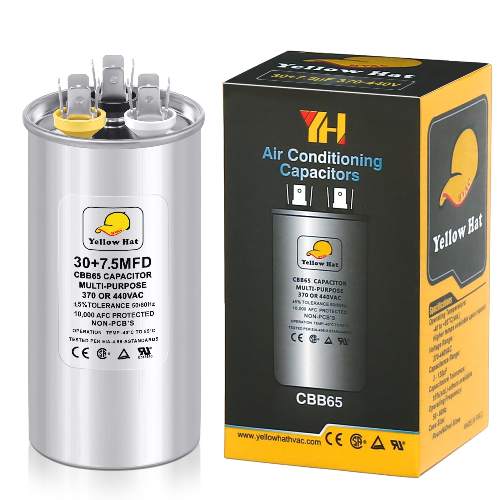 Capacitor for Air Conditioner 30+7.5 uf MFD 370 or 440 Volt VAC, Multi-Purpose Round Capacitor for AC Motor Run or Fan Motor Start or Condenser Straight