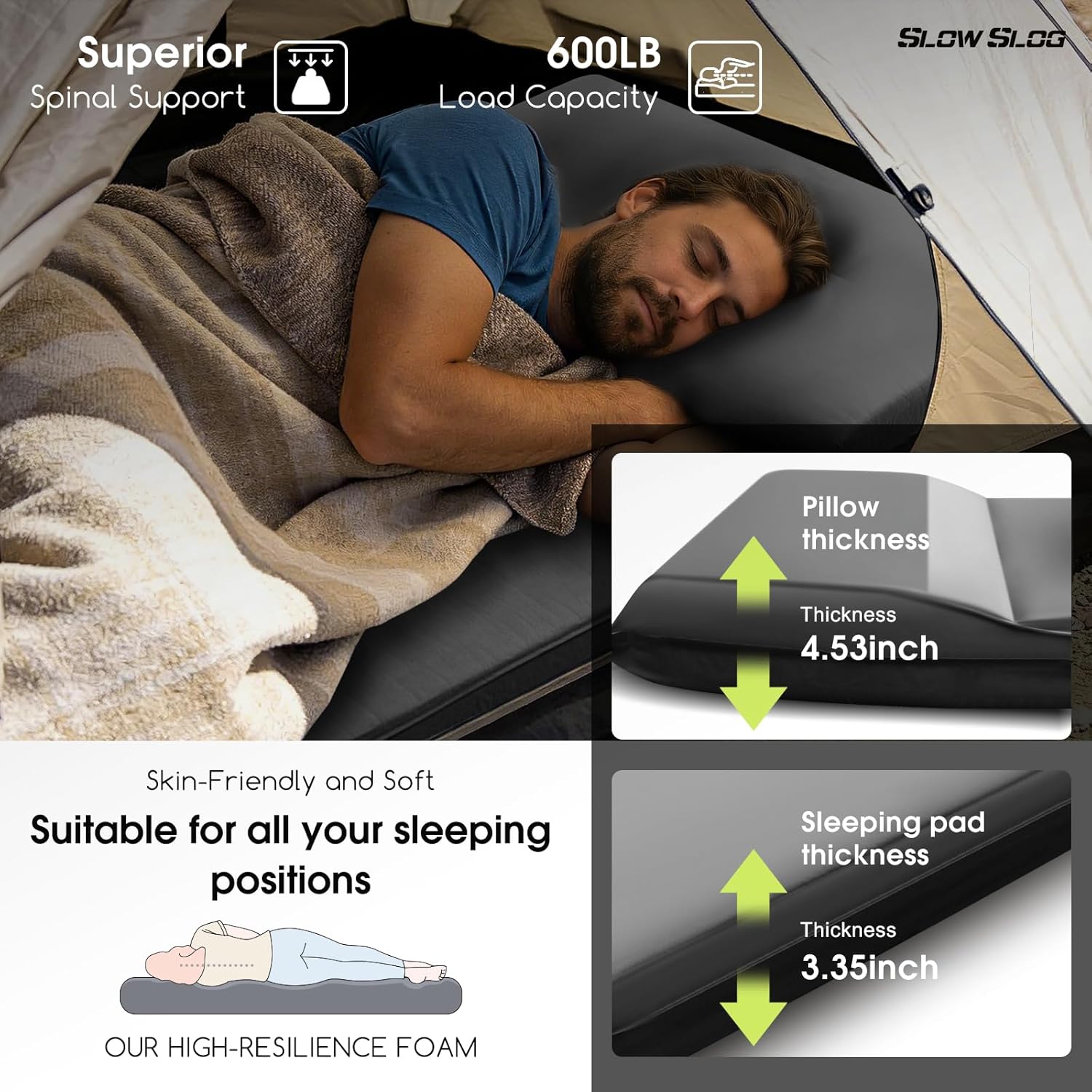 4in Foam Camping Mattress with Built-in Pillow, Self-Inflating Single Sleeping Pad Includes Pump Sack, All-Season Portable Pad for Camping and Backpacking, Gray