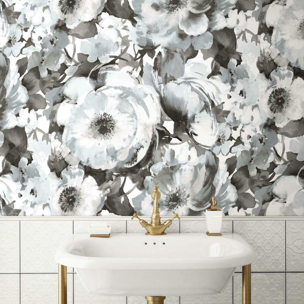 RoomMates RMK11515PNL Watercolor Floral Black Peel and Stick Wallpaper Mural - 10 ft. x 6 ft - Image 2