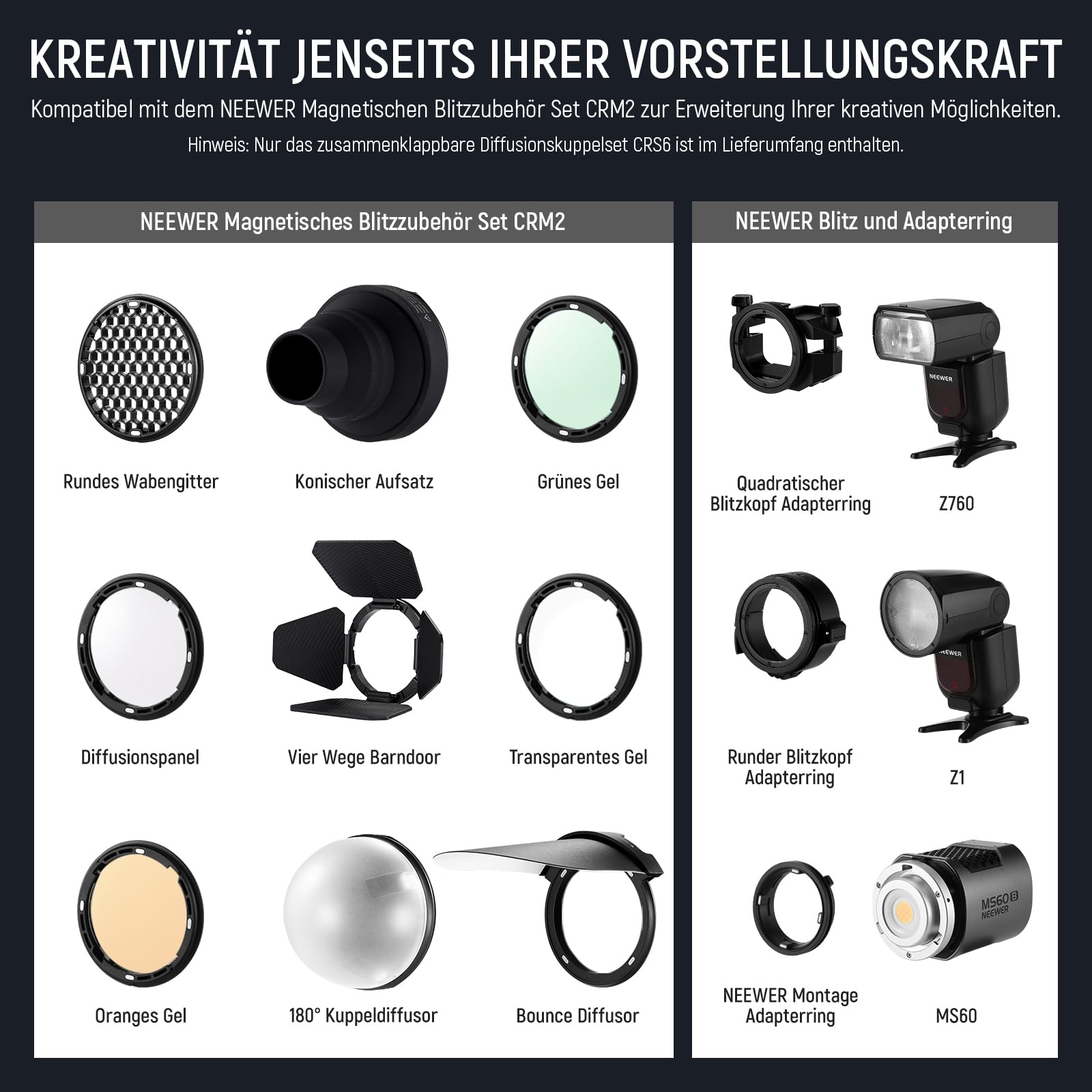NEEWER CRS6 Diffusionskuppel mit 3 Adapterringen, kompatibel mit Godox V1, NEEWER Z2PRO Z3R Rundkopfblitz und quadratischem Speedlite Z880 usw, Montage Diffusor für Videoleuchte MS60B MS60C MS150B