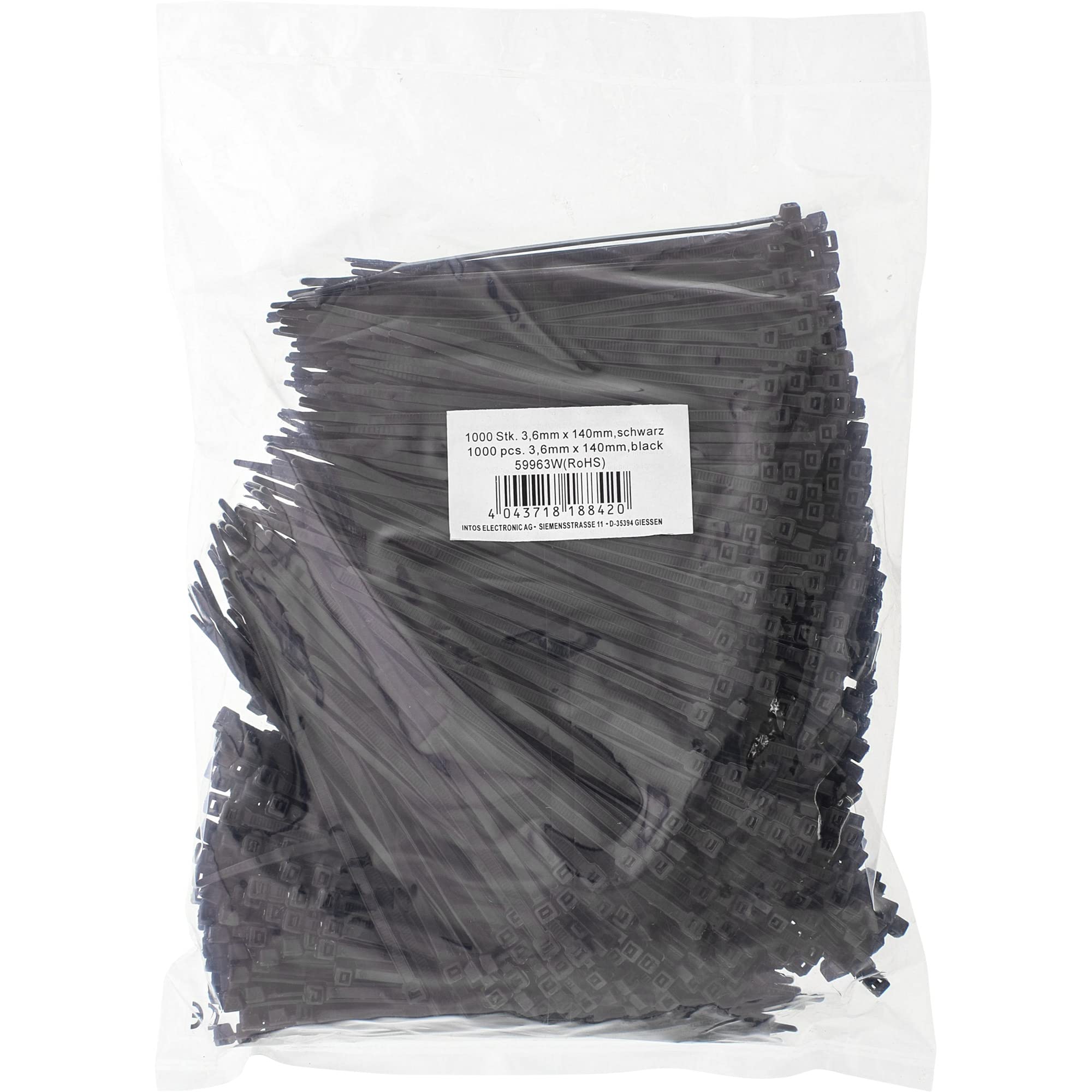 InLine 59963W - Fascette stringicavo 140 mm x 3,6 mm, 1000 pezzi, colore: Nero