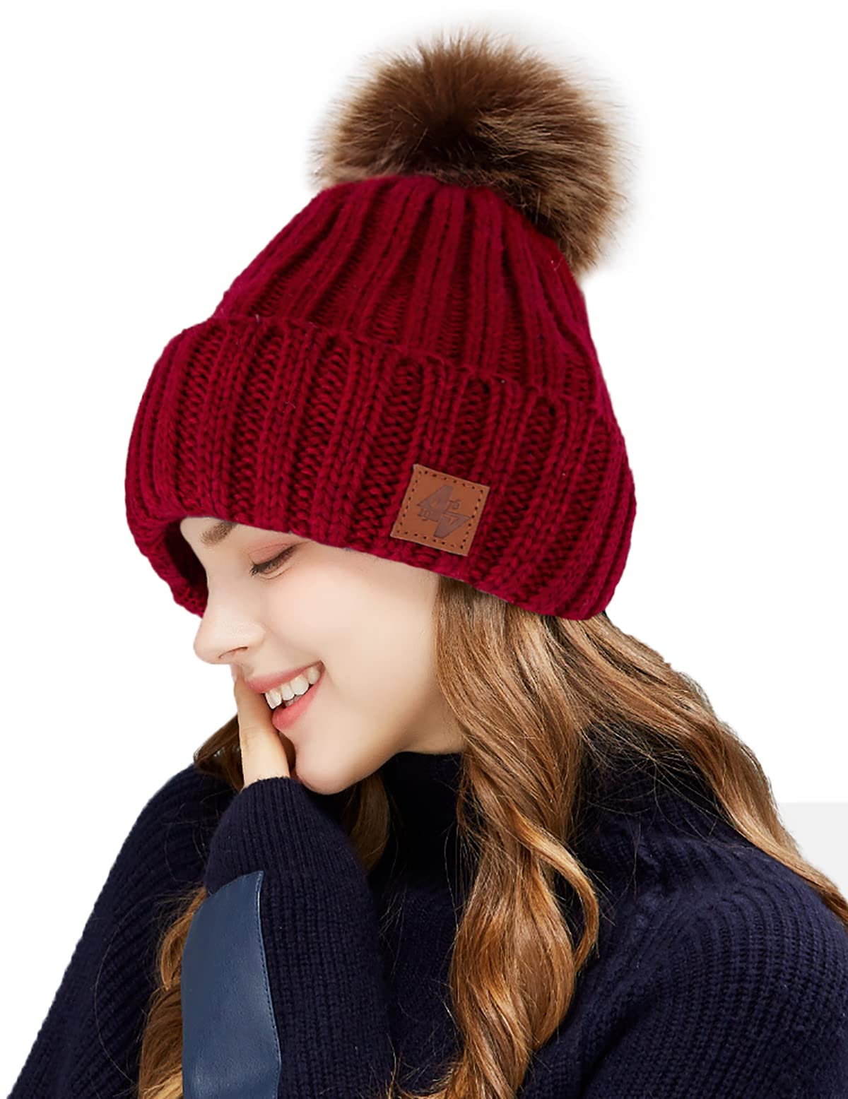 4Sold Women's Maroon Brown Beanie Warm Winter Corkscrew Cable Knitted Bobble Hat Plain Ski Pom Wooly Cap