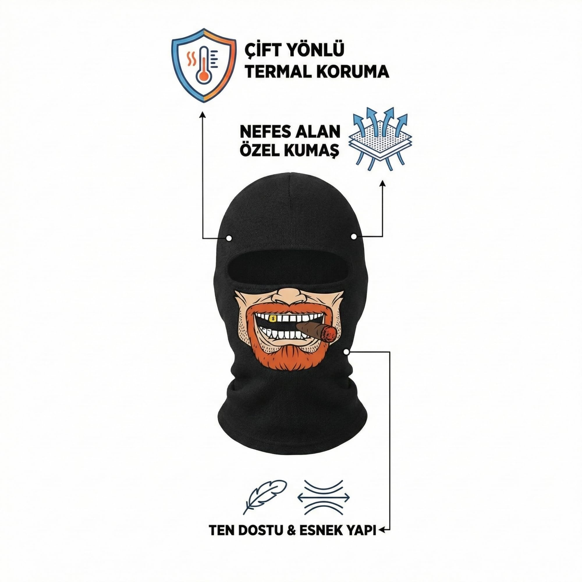 Unisex Çok Desenli Balaklava Yüz Maskesi - Motosiklet, Kayak, Kış Sporları için Nefes Alabilir Esnek Kumaş Kar Maskesi - Palyaço, Joker, İskelet, Sakallı Puro Grafik Seçenekleri (Sarı Puro)