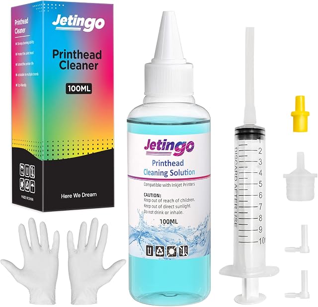 Jetingo Printhead Cleaning Kit for HP Epson Canon Inkjet Printers Printhead Cleaner Kit for Cleaning Print Heads of HP 8610 5520 5540 Epson WF2630 WF2750 WF2835, Printer Head Cleaning Solution 100ML