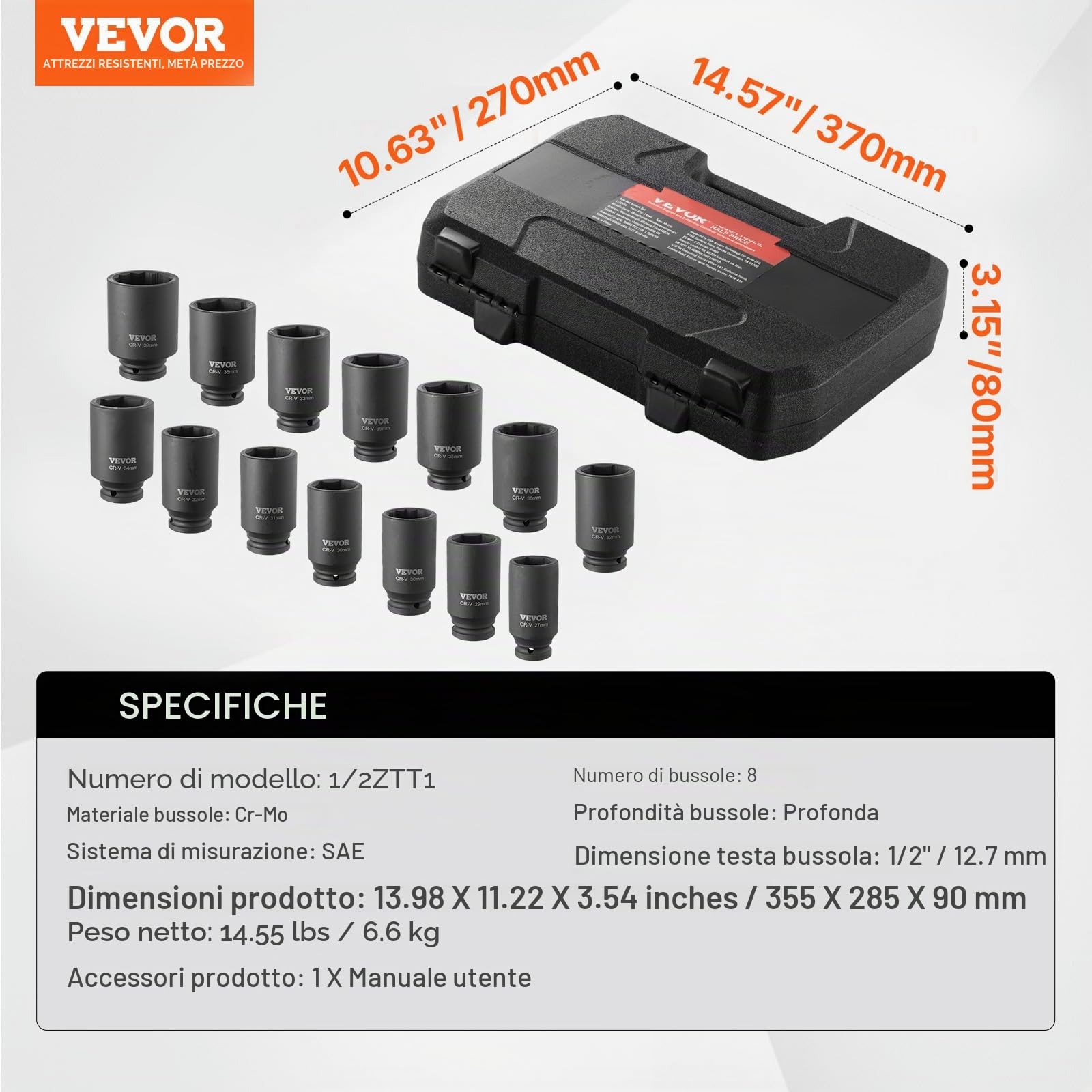 VEVOR Set di chiavi a bussola per dadi dell'asse, attacco da 1/2", profondità 6+12 punti, 14 pezzi, chiavi a bussola metriche CR-V, trattate termicamente, con custodia per riparazione, rimozione o
