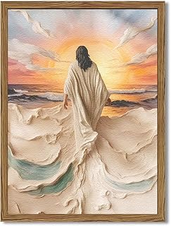 Framed 3D Textured Jesus Walking on Water Wall Art - Christian Wall Decor Pictures, Divine Light Sandstone Paintings, Abstract Religious Prints for Living Room Bedroom Church Decoration 12x16 inch