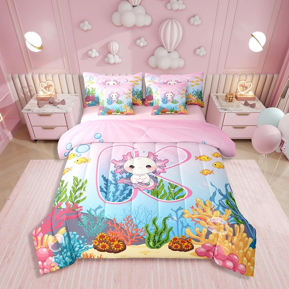 Erosebridal Initial Letter K Bedding Set Cute Axolotl Twin Comforter Set 7 Piece for Girls,Pink Cartoon Ocean Animal Bed in A Bag with Sheets for Kids Teen Women,Salamander Alphabet Letter K Bed Set