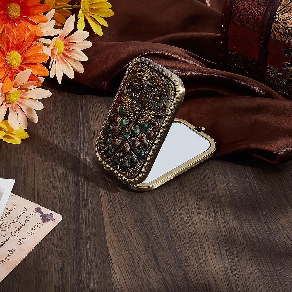 Vintage Foldable Makeup Mirror Portable Cosmetic Pocket Mirror Peacock Pattern Double Sided Compact with Normal and Magnifying Glass Touch up Essential Mini Vanity for Women Travel Makeup image 4