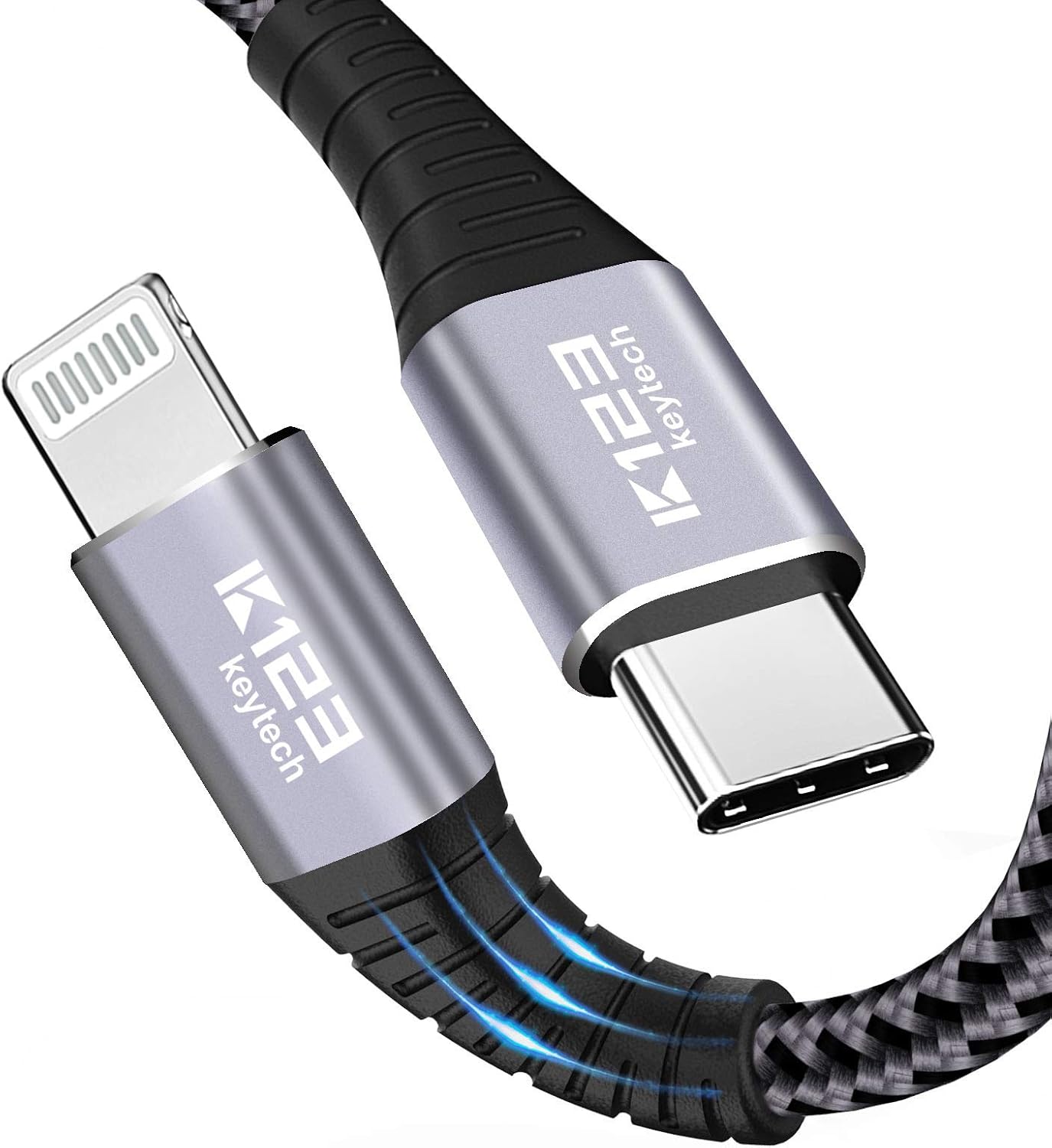 K123 Keytech USB C to Lightning Cable 6.6ft, [Apple MFi Certified] Nylon Braided Fast Charging Cord for iPhone 11/11 Pro/11 Pro Max/X/XS/XR/XS Max/8/8 Plus, Supports Power Delivery - Gray