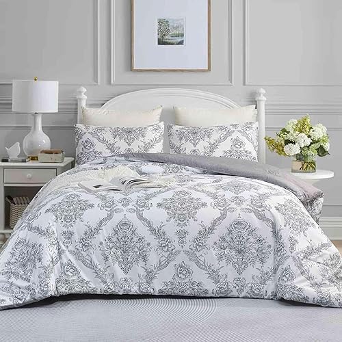 Miniatura 5 de Faincy Juego de edredón floral tamaño Queen, diseño de hojas de flores rosas y blancas, juego de cama alternativo reversible preppy, 90 x 90