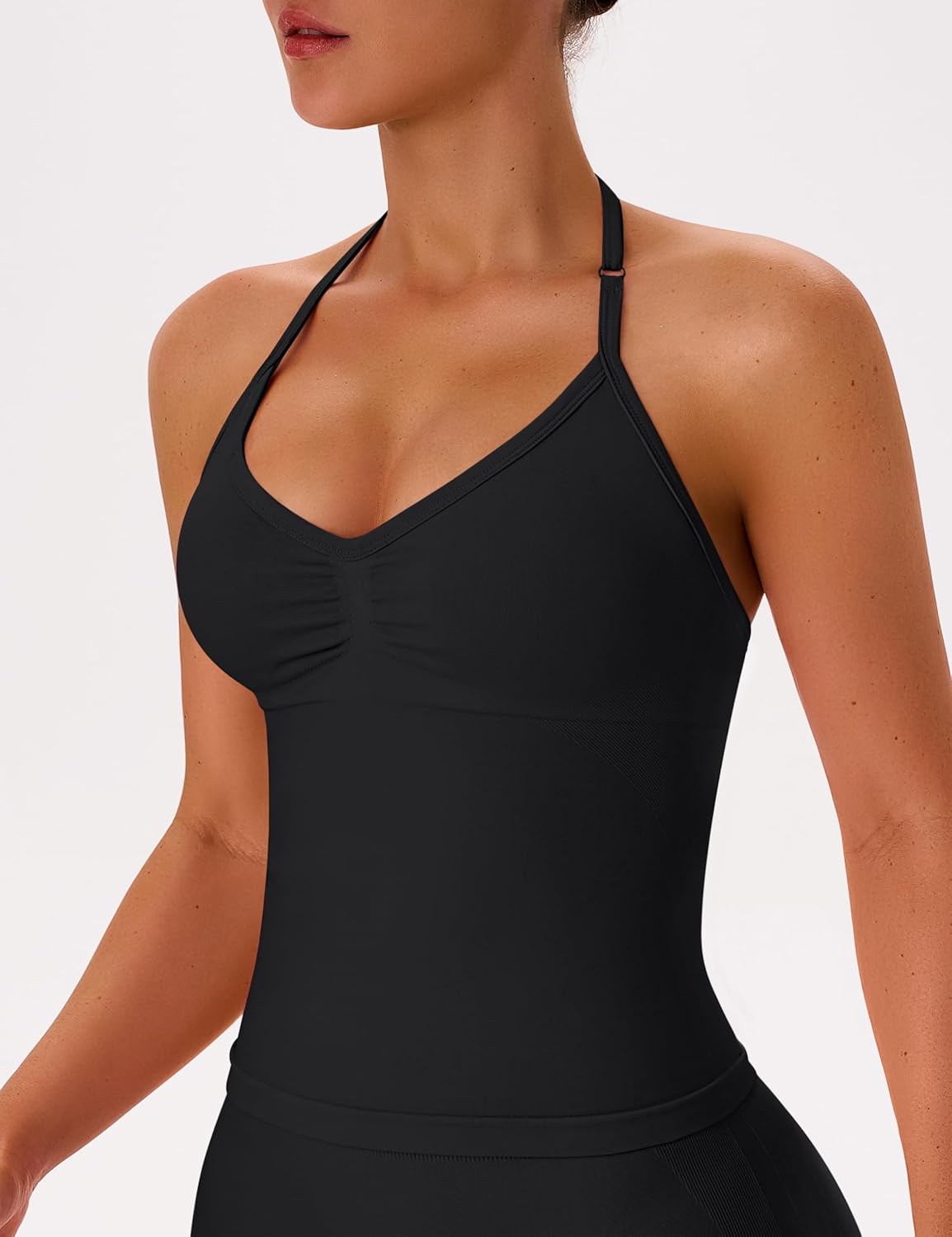 OLCHEE Womens Halter Tank Tops V Neck Impact Backless Longline Strappy Adjustable Gym Workout Top Padded - Image 3