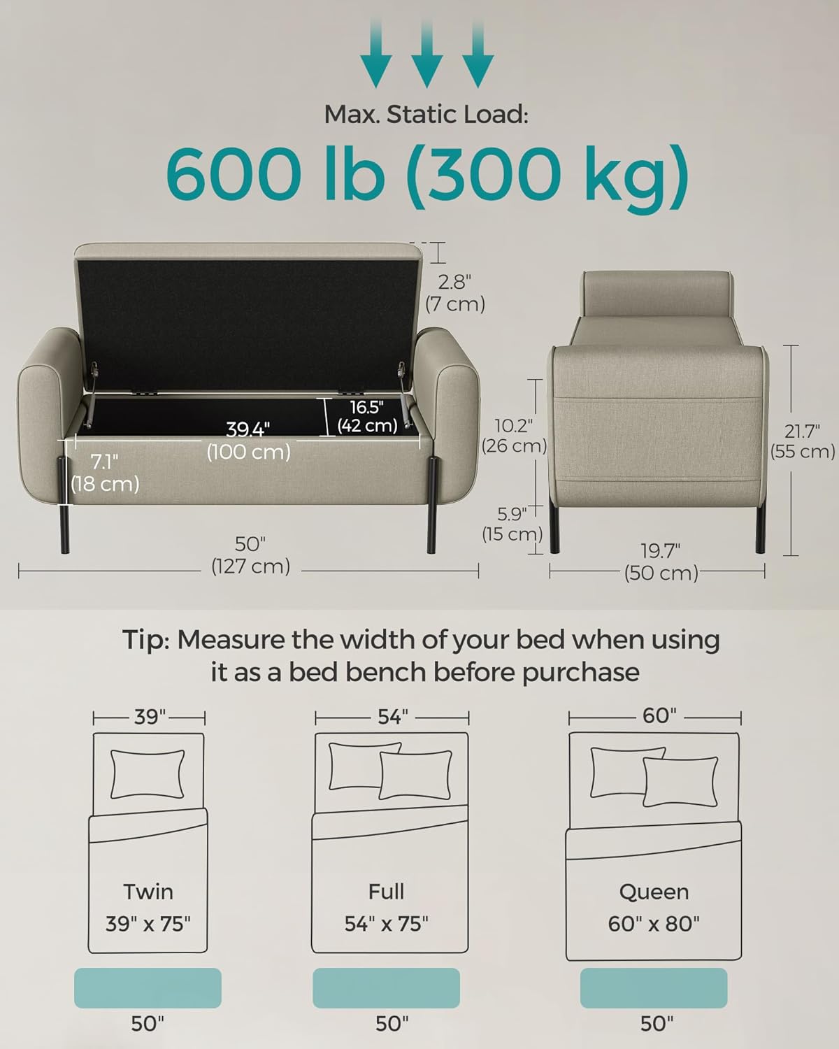 SONGMICS Storage Bench with Armrests, Ottoman with Storage for Living Room, Bedroom, Entryway, Living Room, Steel Legs, Camel Brown ULOM072K03