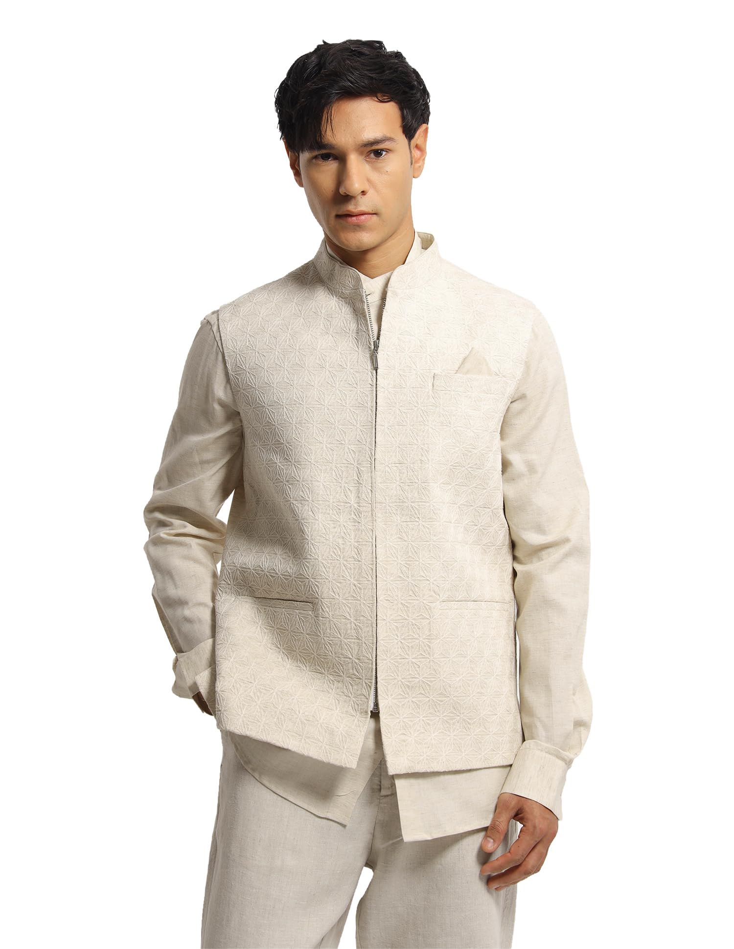 arrow men's geometric embroidered shirt waistcoat ethnic set-picture-20