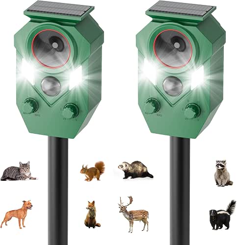 2-Pack Solar Powered Ultrasonic Animal Repeller, Outdoor Waterproof Deer Squirrel