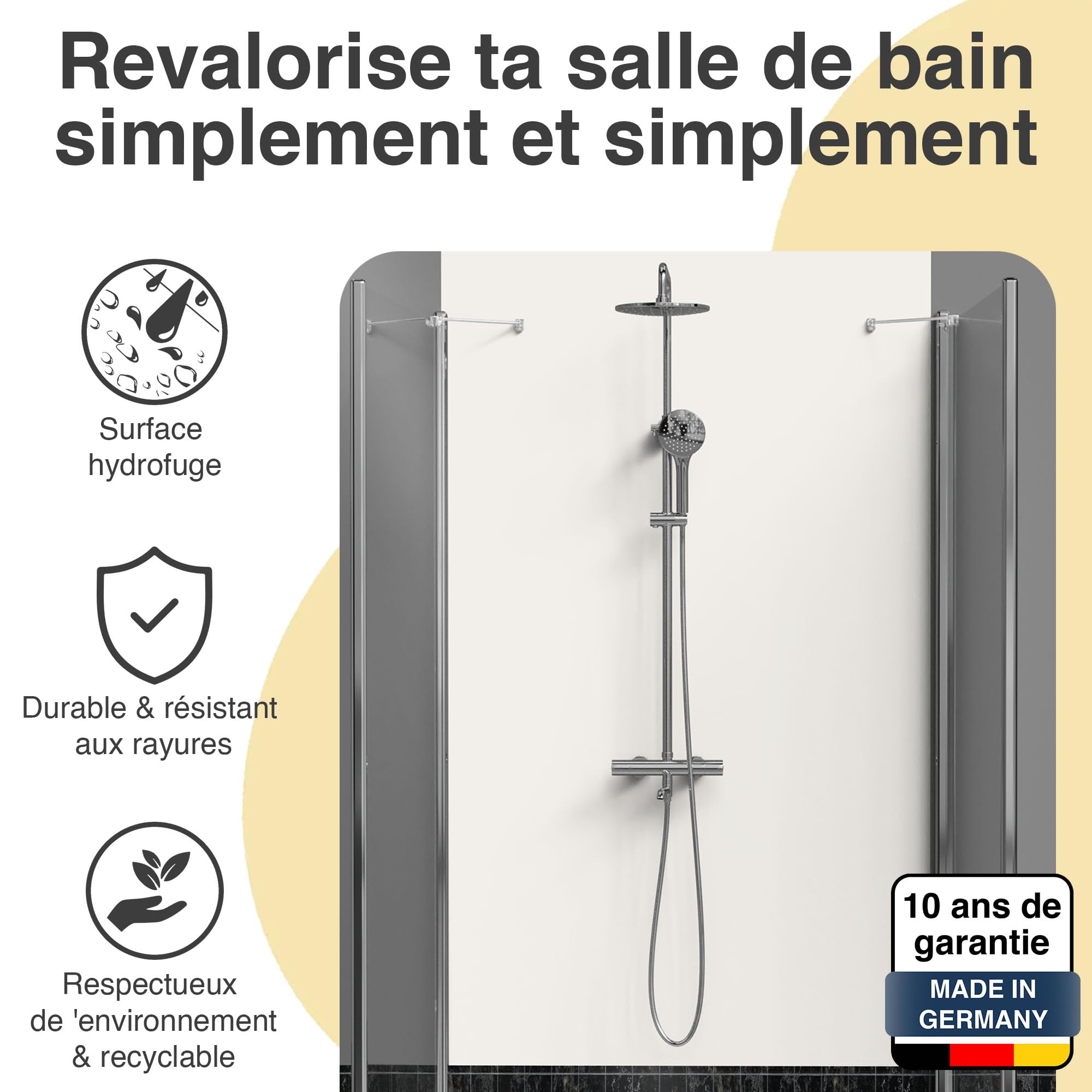 WALLando Panneau mural de douche (Blanc / 250 x 100 cm) – Panneau en PVC facile à installer & résistant à l'humidité – Revêtement mural premium – Fabriqué en Allemagne