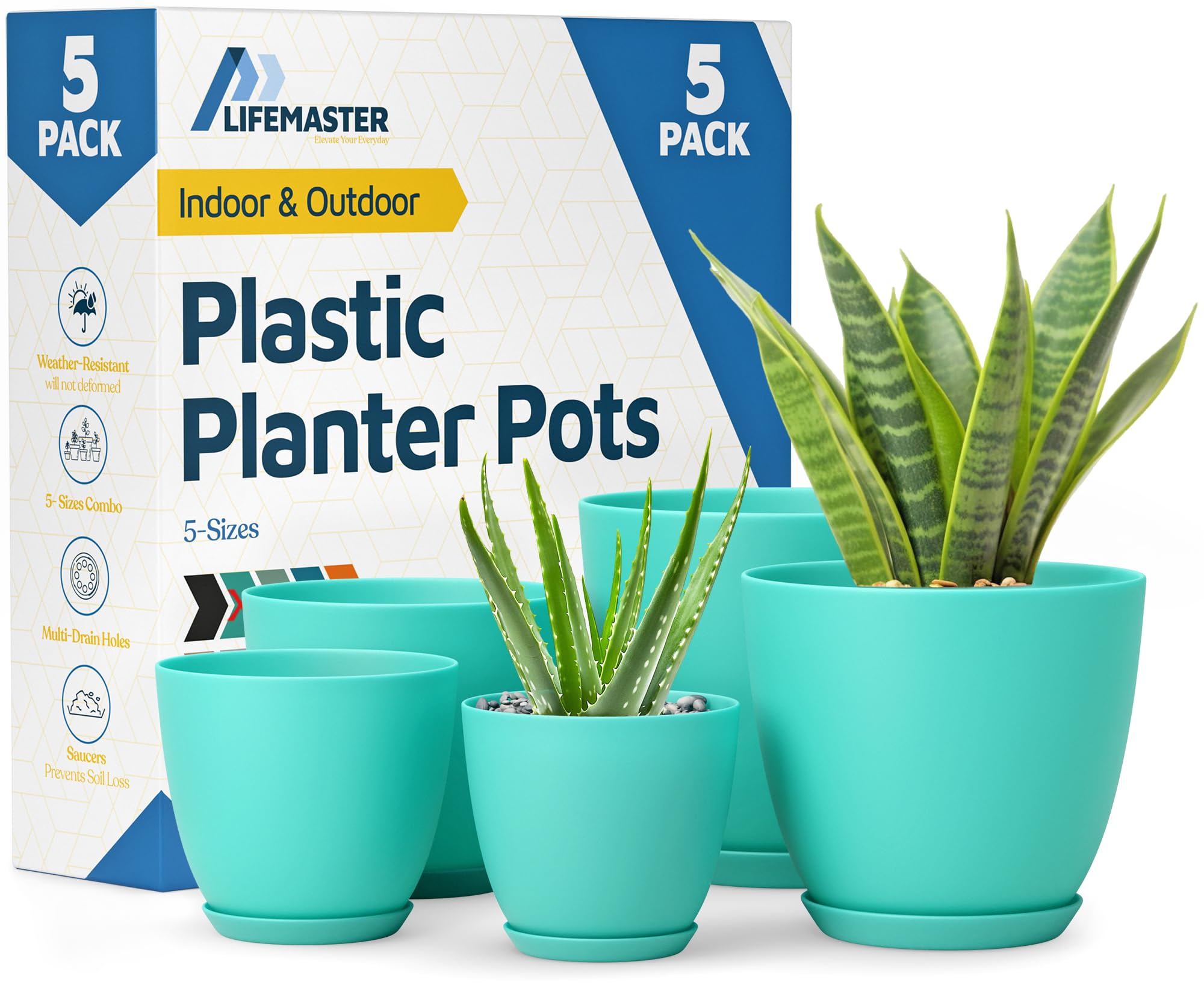 Lifemaster Plant Pot, Aqua, Pack of of