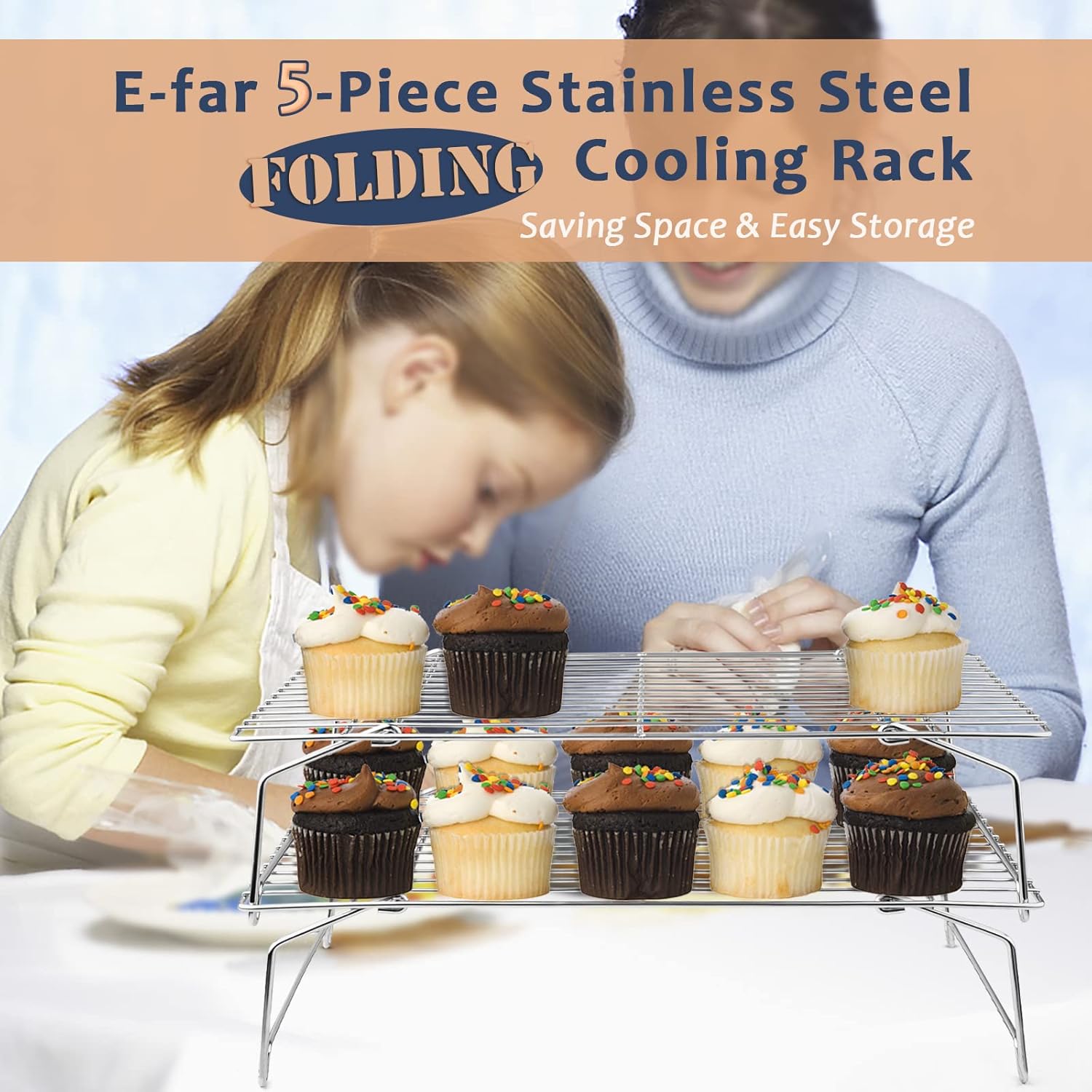 E-far 5-Tier Cooling Rack, 15”x10.1" Stainless Steel Stackable Wire Cooling Rack for Baking Cooking, Folding Leg & Non-toxic, Oven Safe & Dishwasher Safe