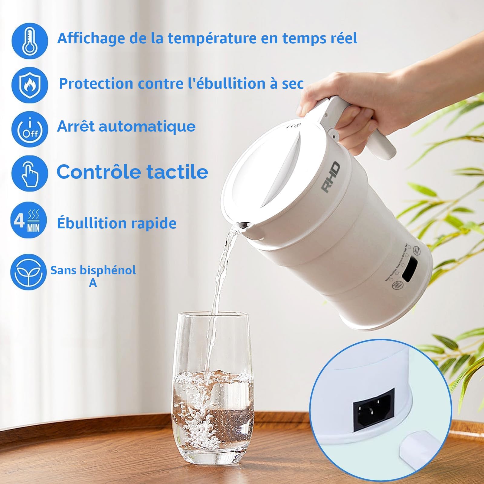 Bouilloire électrique pliable 0,7L acier inoxydable 316 1000W blanc sans BPA