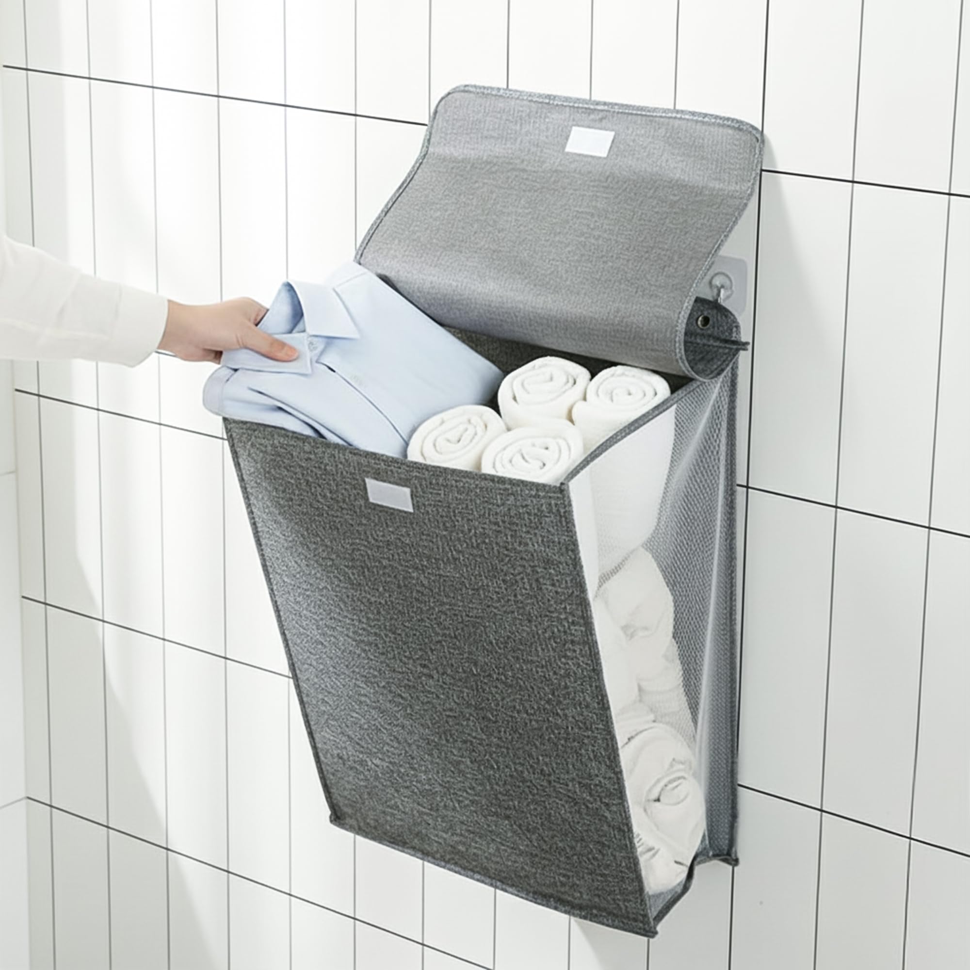 Wall Hanging Laundry Basket Collapsible Laundry Hamper with Handle & Laundry Balls Foldable Space-Saving Dirty Clothes Organizer for Bathroom & Bedroom (Grey, Large)-image-0