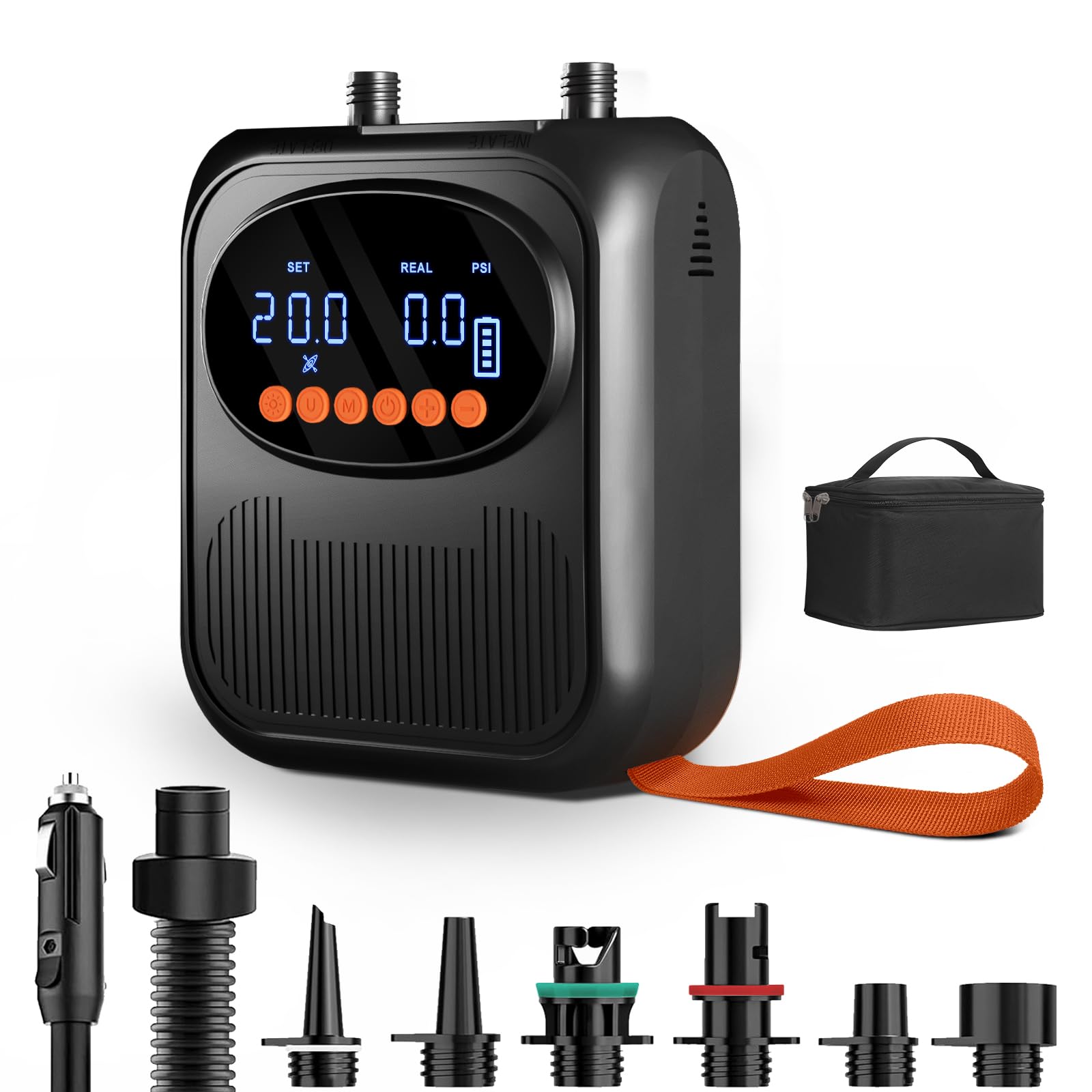 Mojimdo Pompa SUP 20 PSI, batteria da 13500 mAh, 5 modalità, USB-C, 12 V | Doppio gonfiaggio rapido, pressione personalizzata in incrementi di 0,5 psi, spegnimento automatico, 6 ugelli e luce