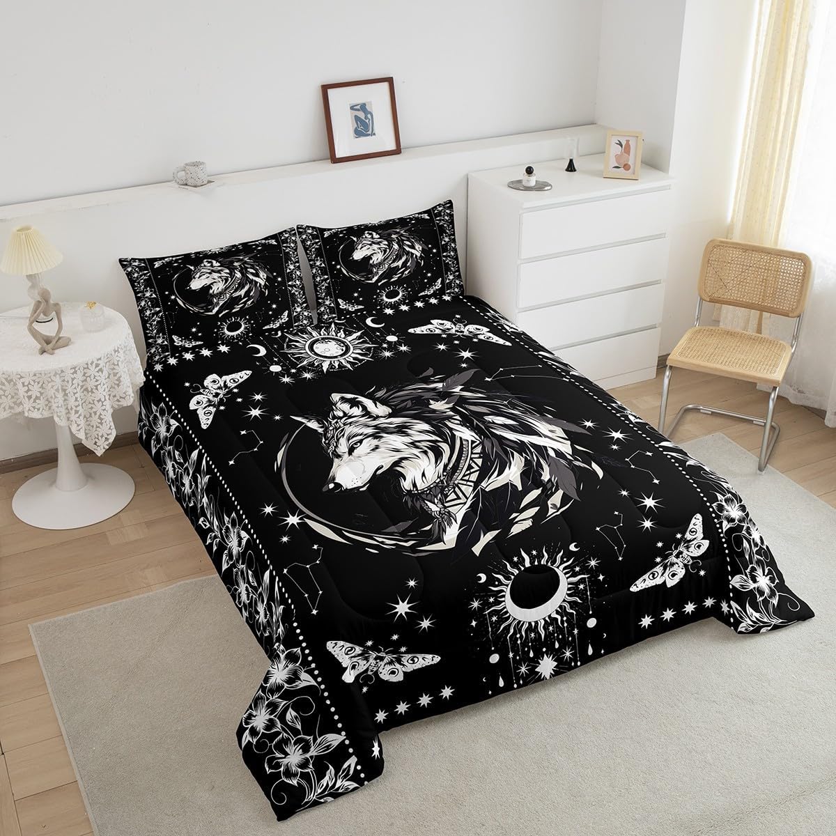 Castle Fairy Wild Wolf 3 Pcs Queen Size Comforter Set,Sun Moon Stars Galaxy Down Alternative Adults Bedroom Decor,Gothic Moth Animals Flower Ultra Soft Microfiber Inner Fill 3Pcs Bedding