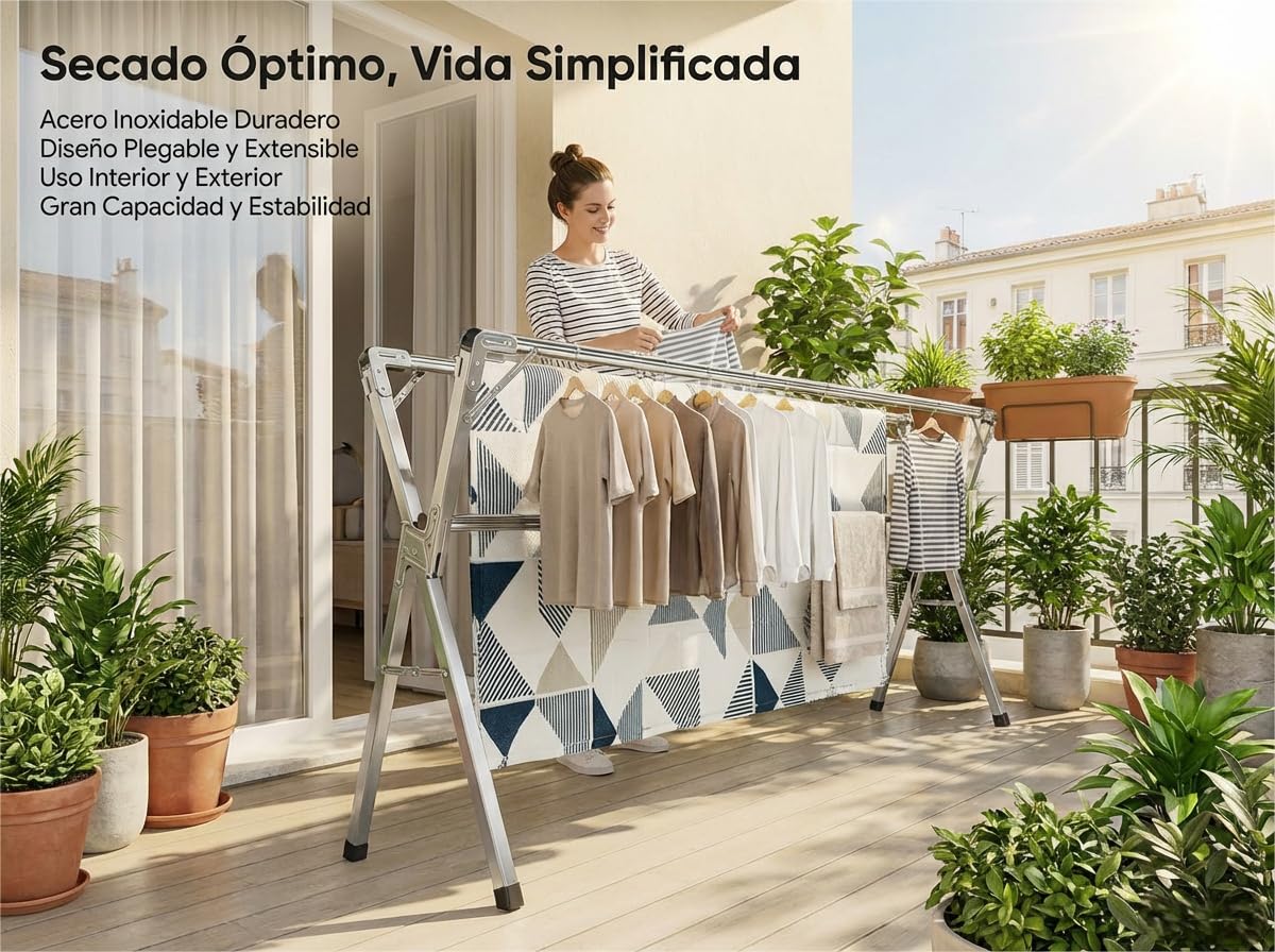 Tendedero Plegable de Acero Inoxidable 140-240 cm, Interior y Exterior