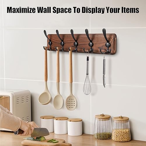 Miniatura 6 de Kruodop Perchero grande de montaje en pared con 5 ganchos de metal negro triple - ganchos de madera de pino marrón para colgar ganchos de pared para