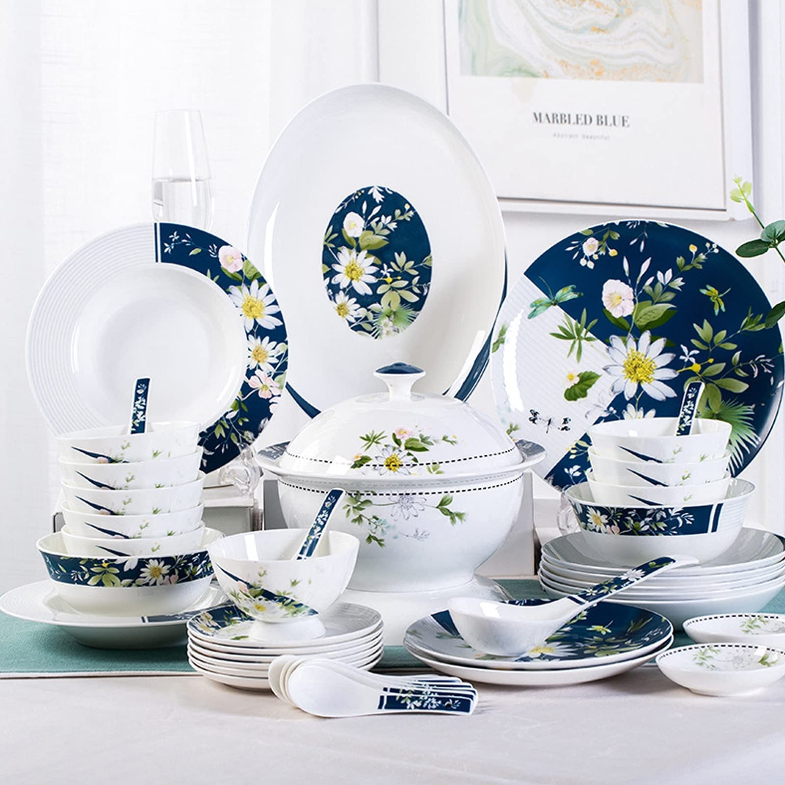 Zestaw Naczyń Ceramicznych W Stylu Retro, Piękny Zestaw Porcelany W Kolorze Niebieskim I Białym, Idealny Na Domowe Przyjęcie, Wesele, Hotel, Boże Narodzenie