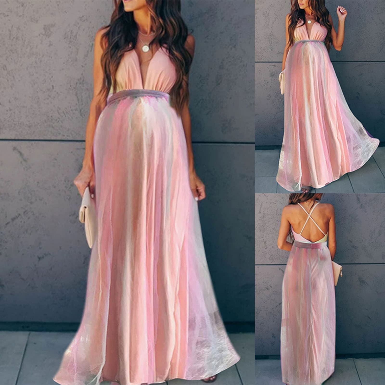 Generisch Abito premaman da donna, a vita alta, con motivo arcobaleno, elasticizzato, con bretelle, tinta unita, rosa, ideale per gravidanza e occasioni speciali