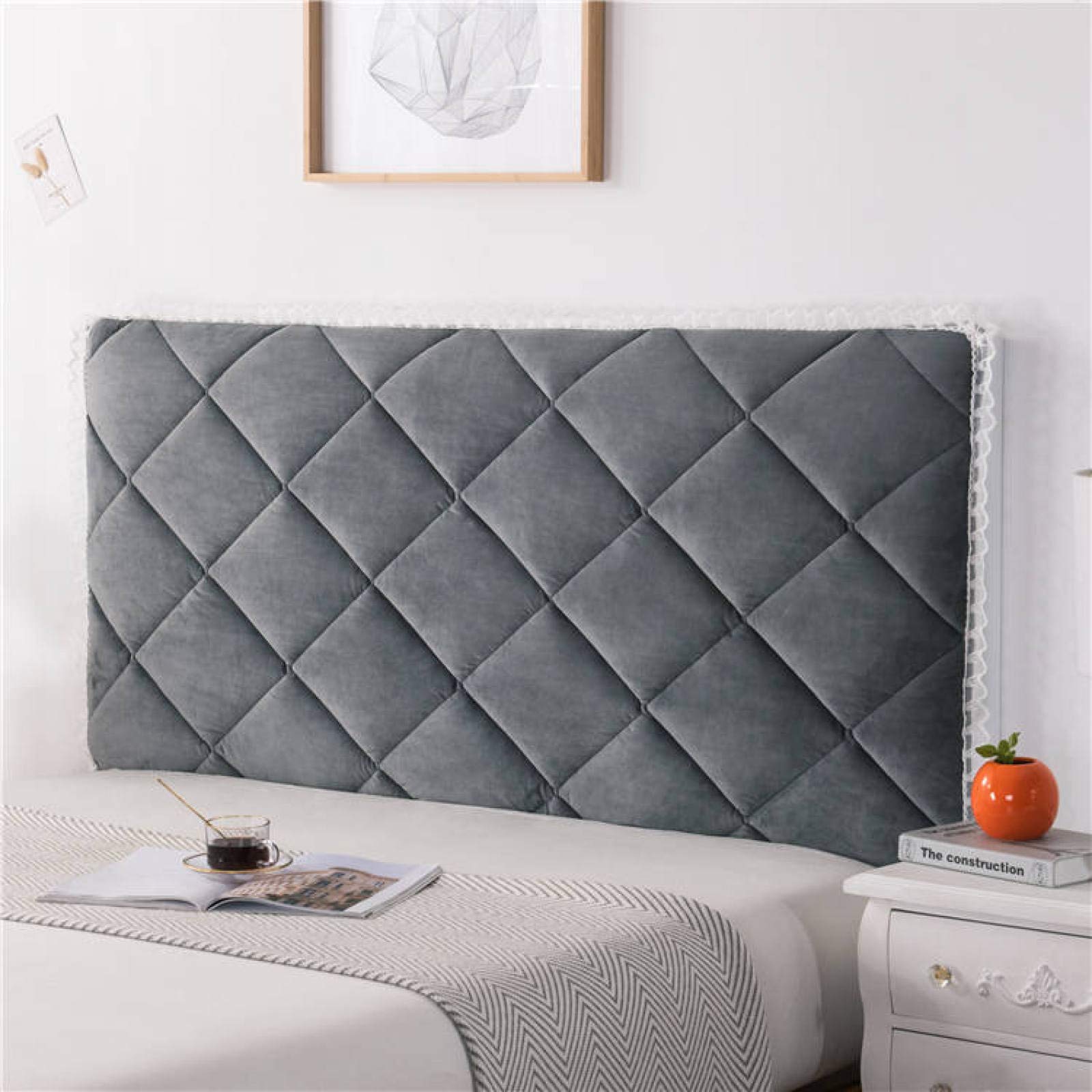 Soft bed Headboard Slipcover Covers for Double Queen Super king Size Bed Solid Color Stretch Padded Headboard Cover Dustproof Furniture Protector for Wooden Upholstered Bed,Grey-210cm