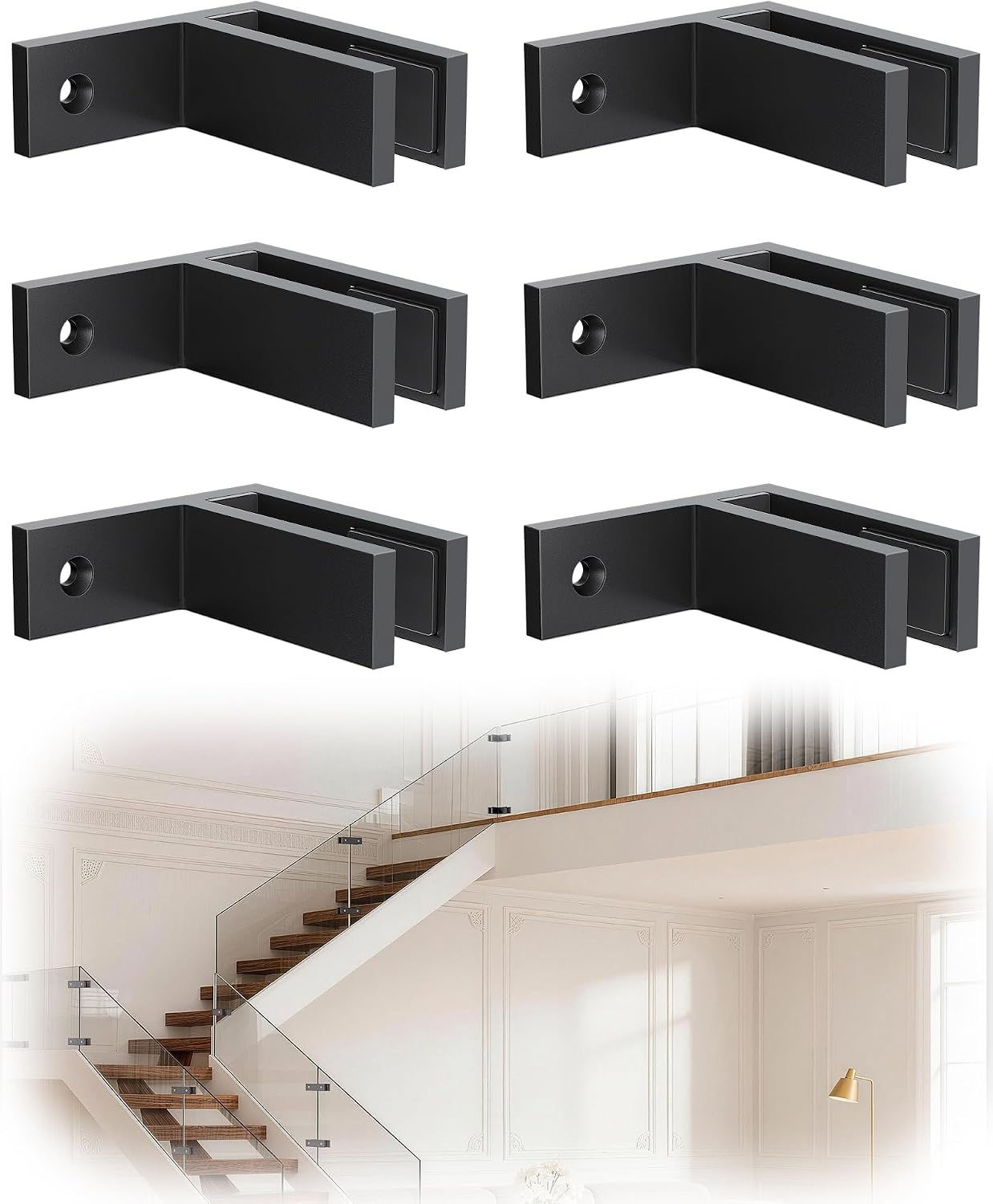 6 Pack Glass Clamp, F Shape 304 Stainless Steel Wall to Glass Clips Brackets for 3/8"-1/2" Thickness, Railing Clip Holder for Balcony Deck, Fence, Indoor & Outdoor Railing, Black