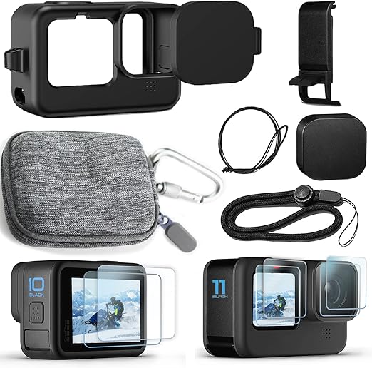 Accessories Kit for Go Pro Hero12/Hero11/Hero10/Hero9 Black,Carrying Case+Silicone Case with Rubber Lens Cover+Screen Protector+Battery Side Cover+Lens Cover Cap+Lanyard for Hero12/11/10/9 Black