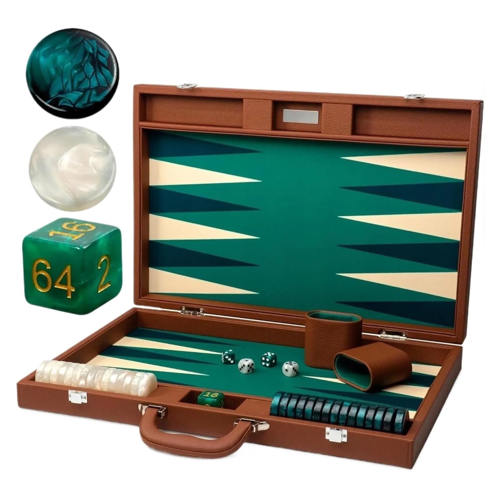 Wysokiej jakości skórzany zestaw backgammon - 19-calowy podróżny zestaw z kostkami i pionkami